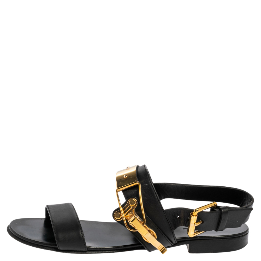 

Giuseppe Zanotti Black Leather Zak Flat Sandals Size