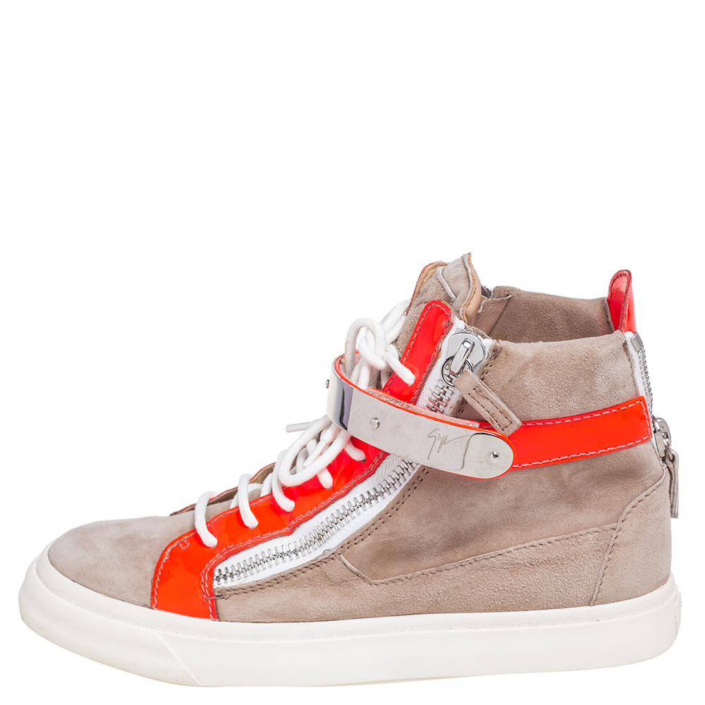 

Giuseppe Zanotti Beige/Neon Orange Patent Leather and Suede Double Bar High Top Sneakers Size