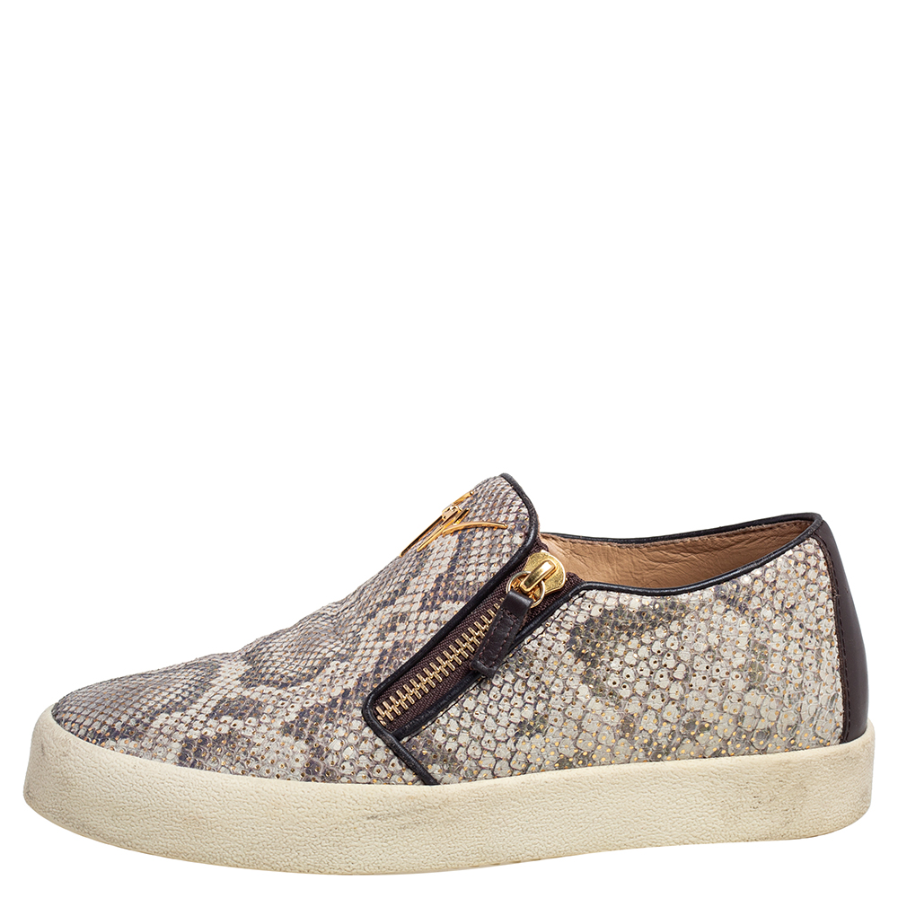 

Gluseppe Zanotti Beige Snakeskin Embossed Leather Zip Detail Slip-on Sneakers Size