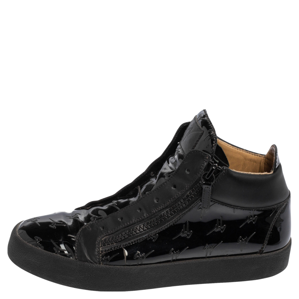 

Giuseppe Zanotti Black Patent Leather and Leather Logo Zip High Top Sneakers Size