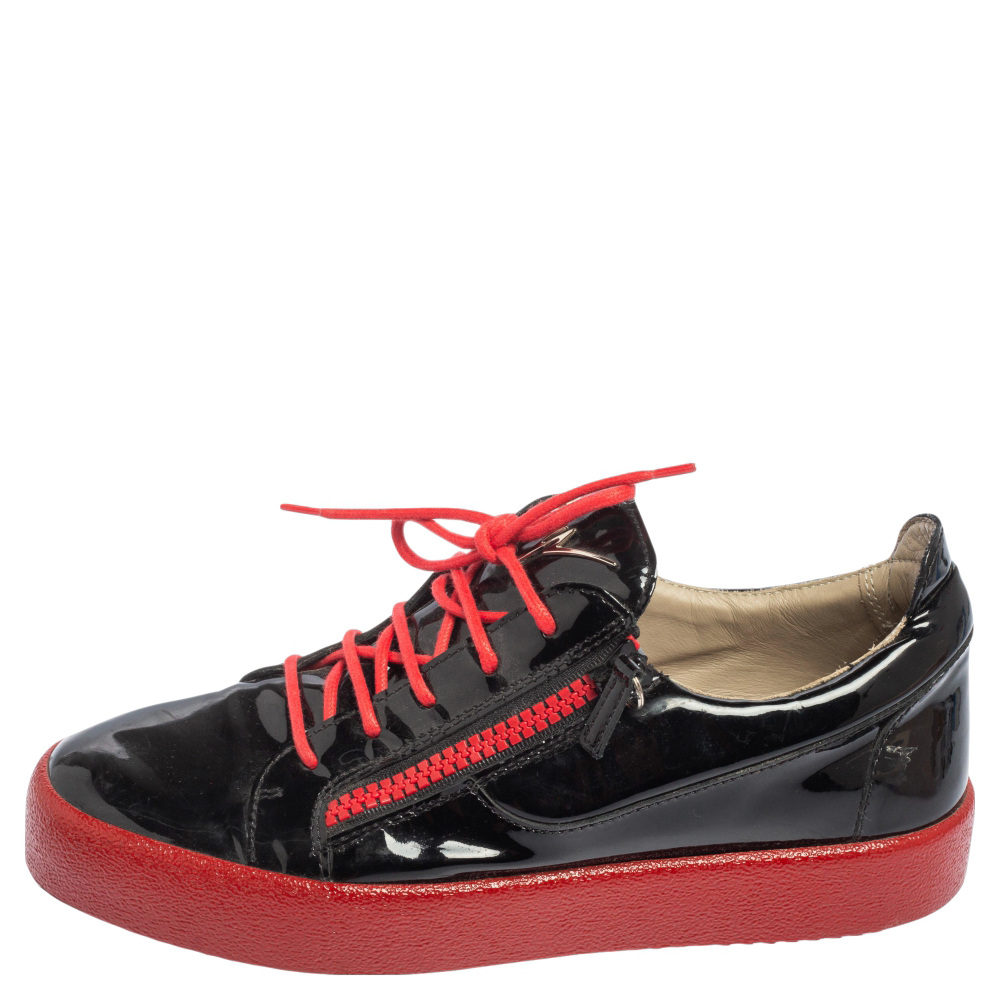 

Giuseppe Zanotti Black/Red Patent Leather Frankie Low Top Sneakers Size
