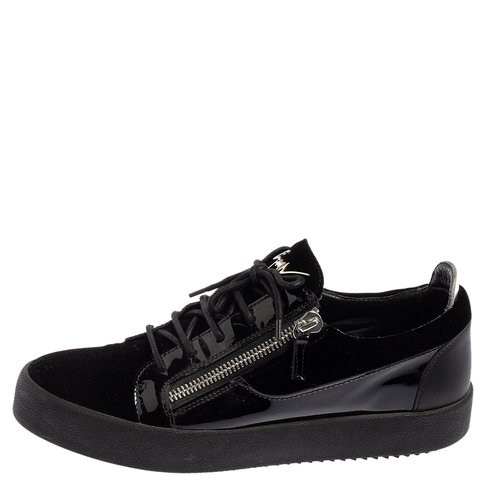 

Giuseppe Zanotti Black Patent Leather and Velvet Low Top Sneakers Size