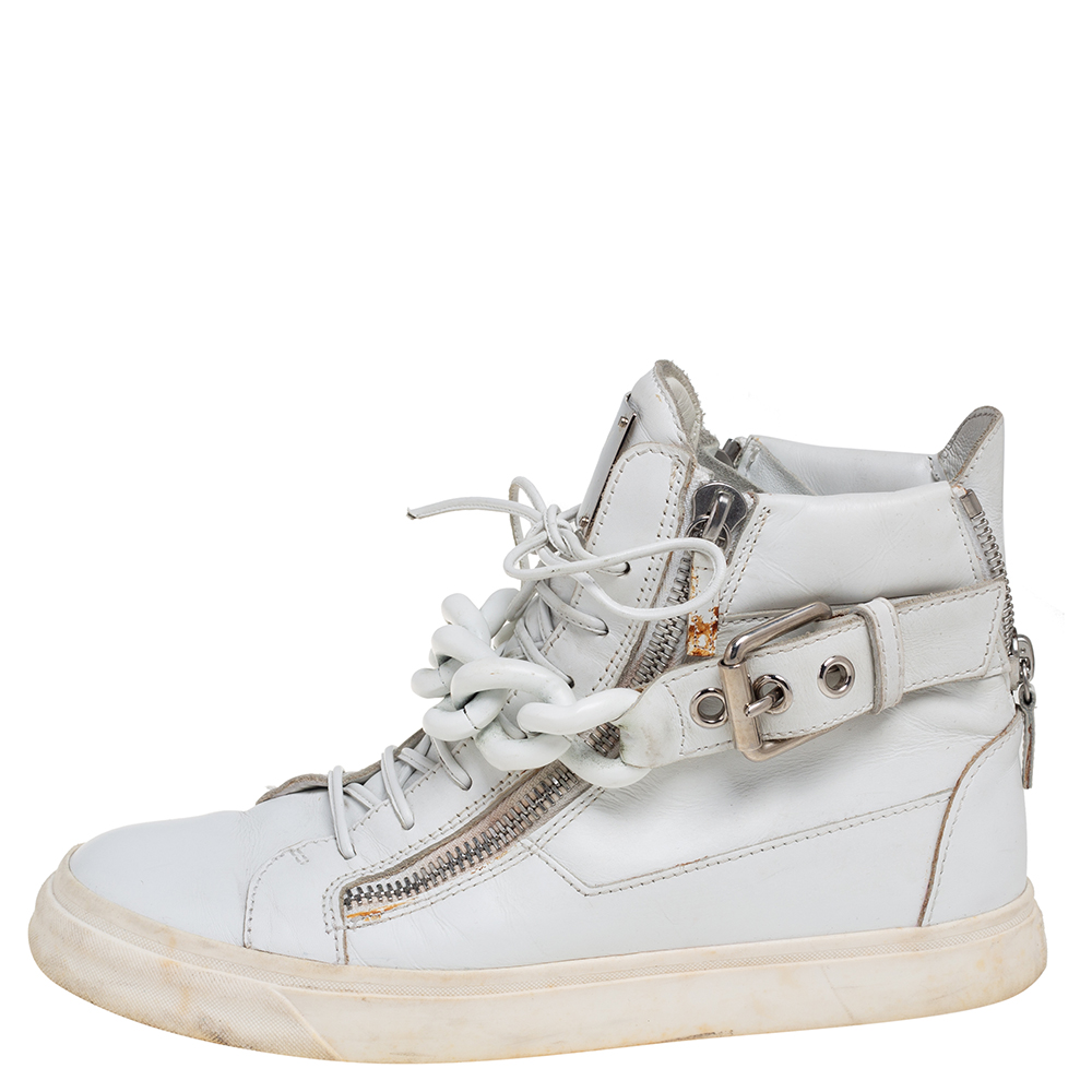 

Giuseppe Zanotti White Leather Coby High Top Sneakers Size