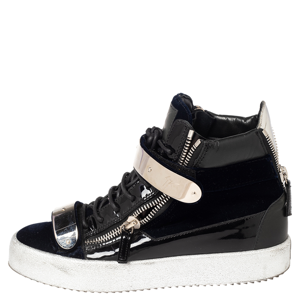 Giuseppe Zanotti Black/Navy Blue Velvet and Patent Leather Coby High Top Sneakers Size - buy at price of $332.00 in theluxurycloset.com | imall.com