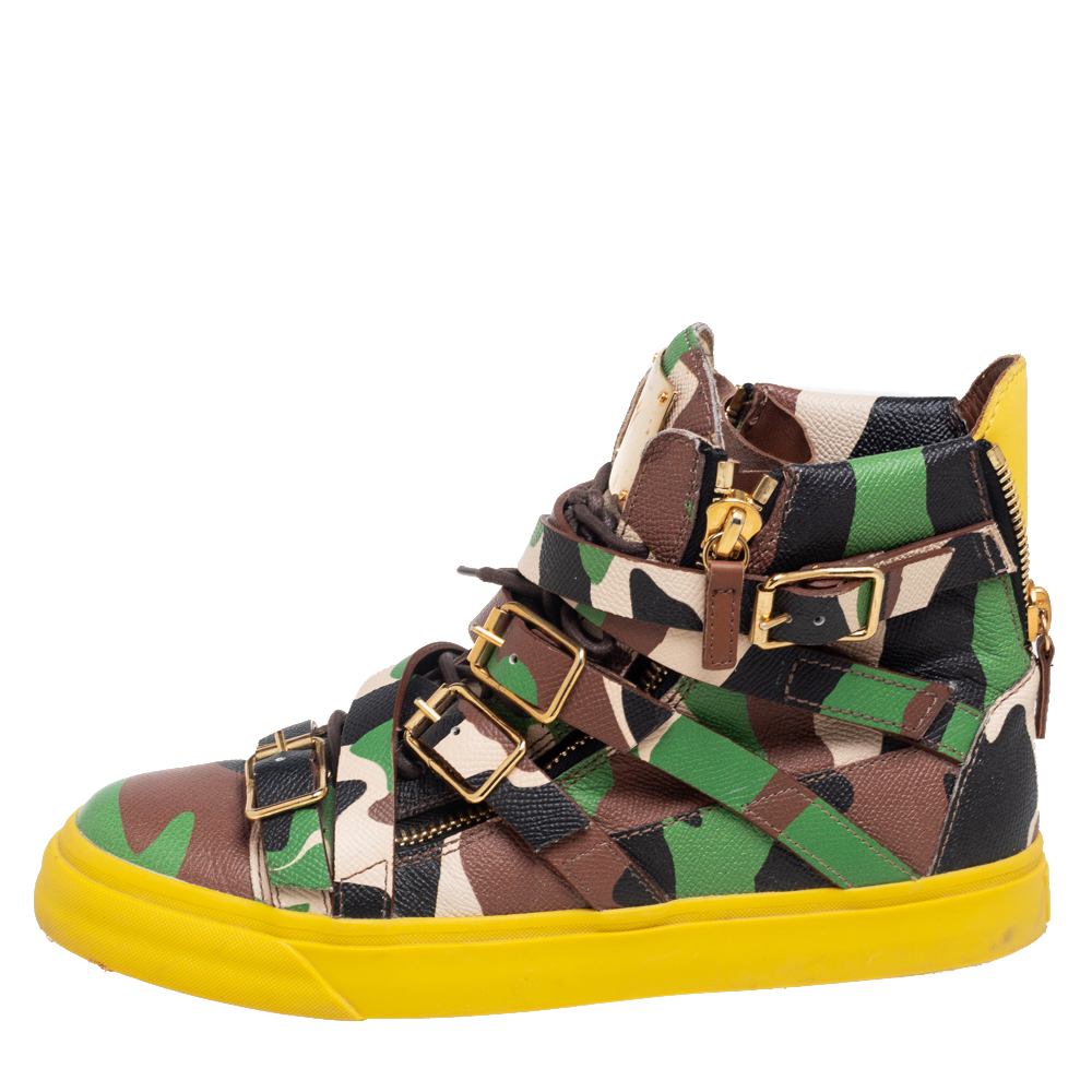 

Giuseppe Zanotti Green Camo Print Leather London Multi Strap High Top Sneakers Size