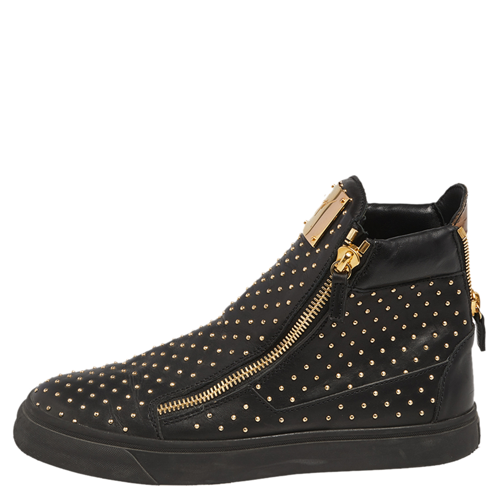 

Giuseppe Zanotti Black Leather Metal Studded Accent High Top Sneakers Size