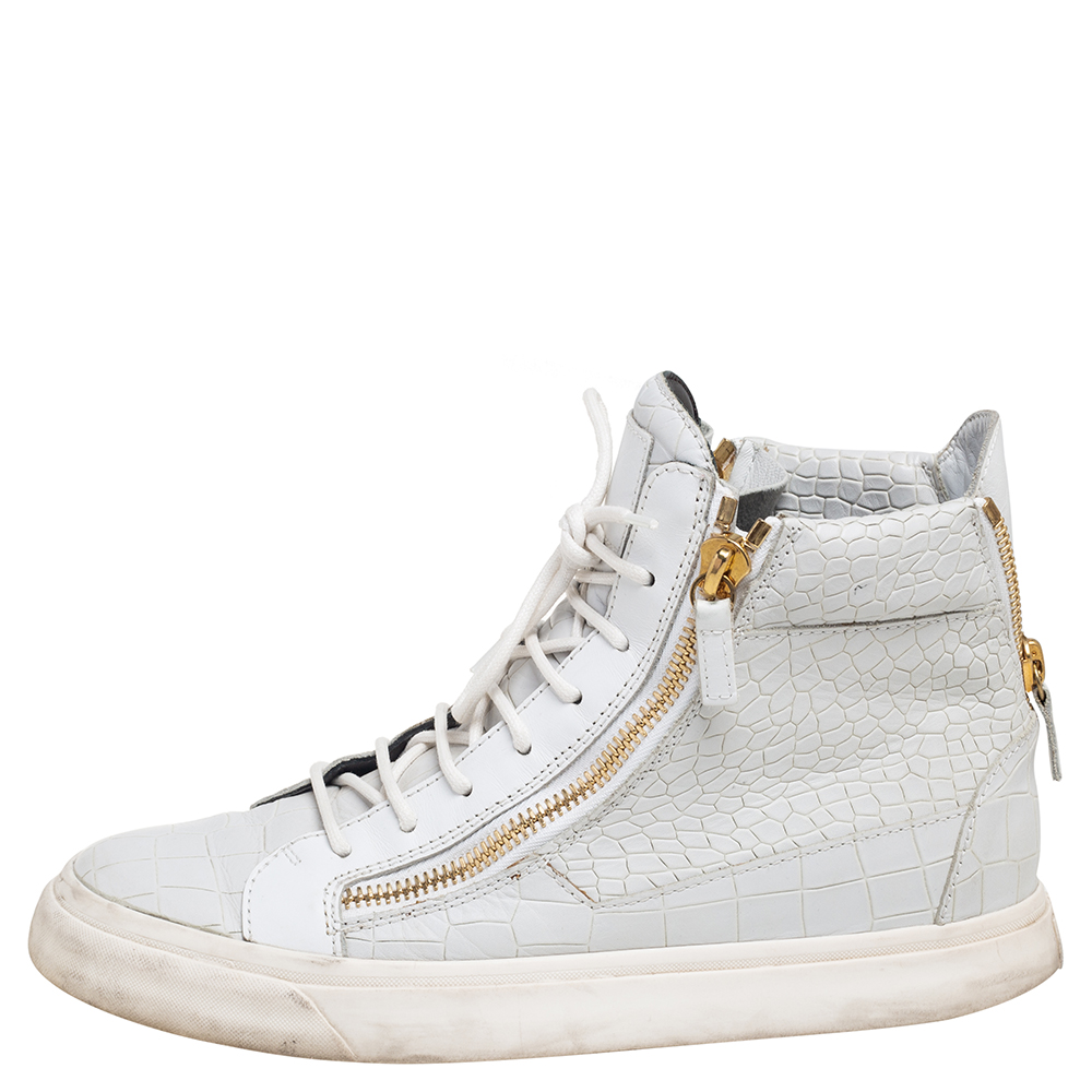 

Giuseppe Zanotti White Croc Embossed Leather London High Top Sneakers Size