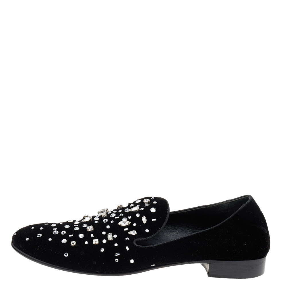 

Giuseppe Zanotti Black Velvet Crystal Embellished Smoking Slippers Size