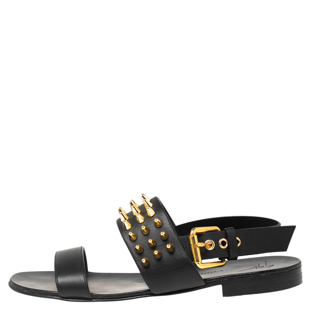 

Giuseppe Zanotti Black Leather Zak Spike Flat Sandals Size