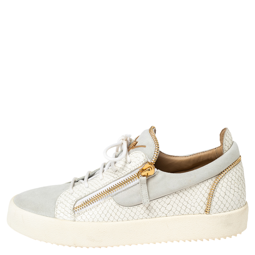 

Giuseppe Zanotti White Croc Embossed Leather and Suede Frankie Low-Top Sneakers Size