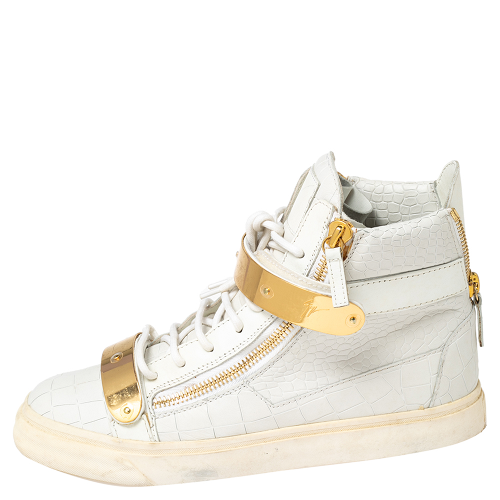 

Giuseppe Zanotti White Croc Embossed Leather Coby High-Top Sneakers Size