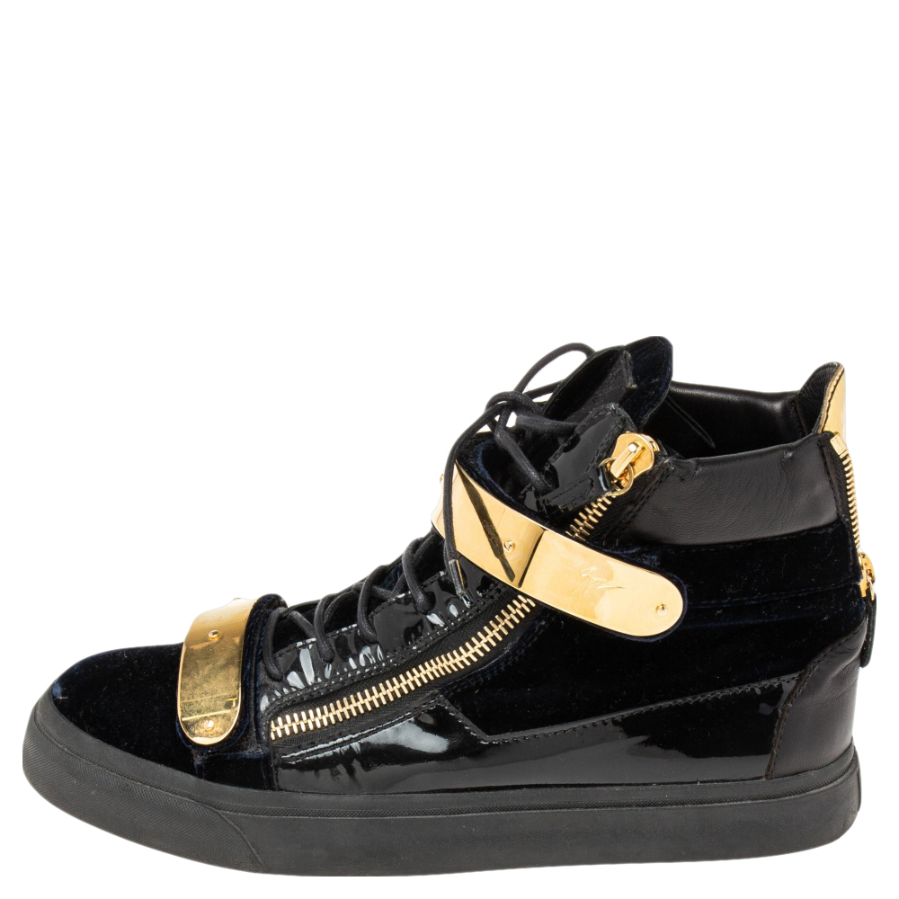 

Giuseppe Zanotti Navy Blue/Black Velvet And Patent Leather Coby High Top Sneakers Size