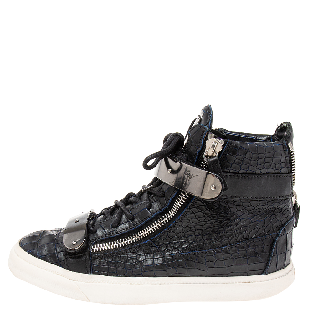 

Giuseppe Zanotti Black/Blue Croc Embossed Leather Coby High-Top Sneakers Size