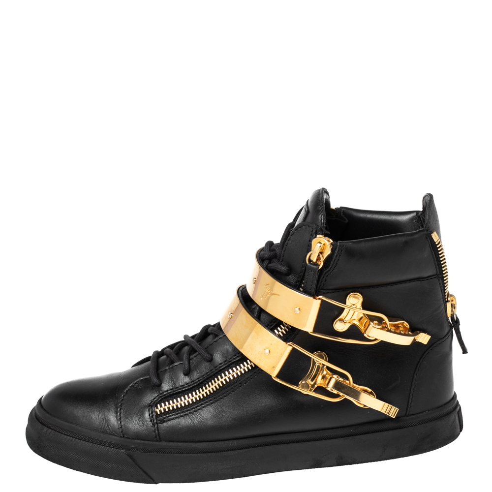 

Giuseppe Zanotti Black Leather Double Buckle London High-Top Sneakers Size