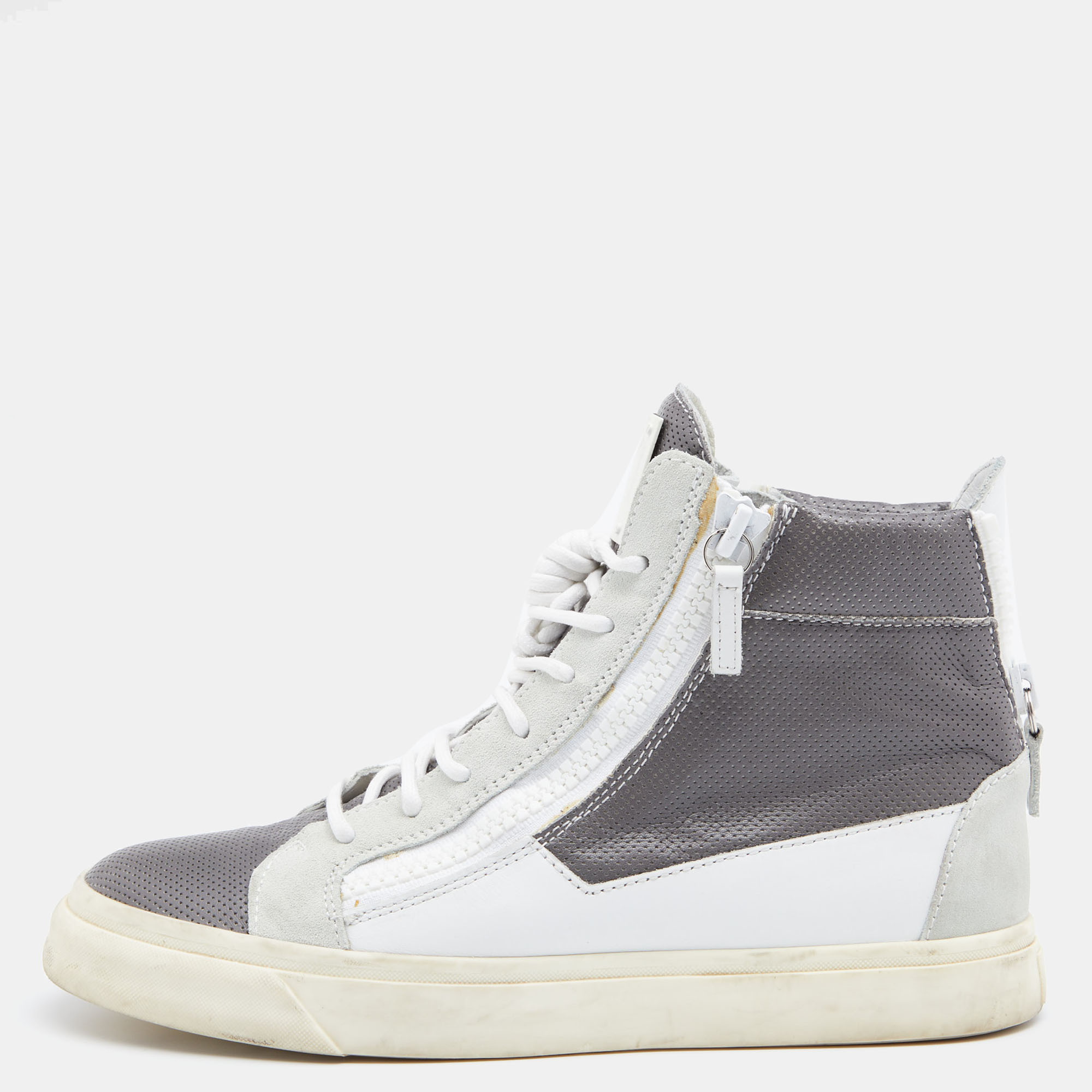 Pre-owned Giuseppe Zanotti Grey/white Perforated Leather And Suede Double Zip High Top Sneakers Size 40