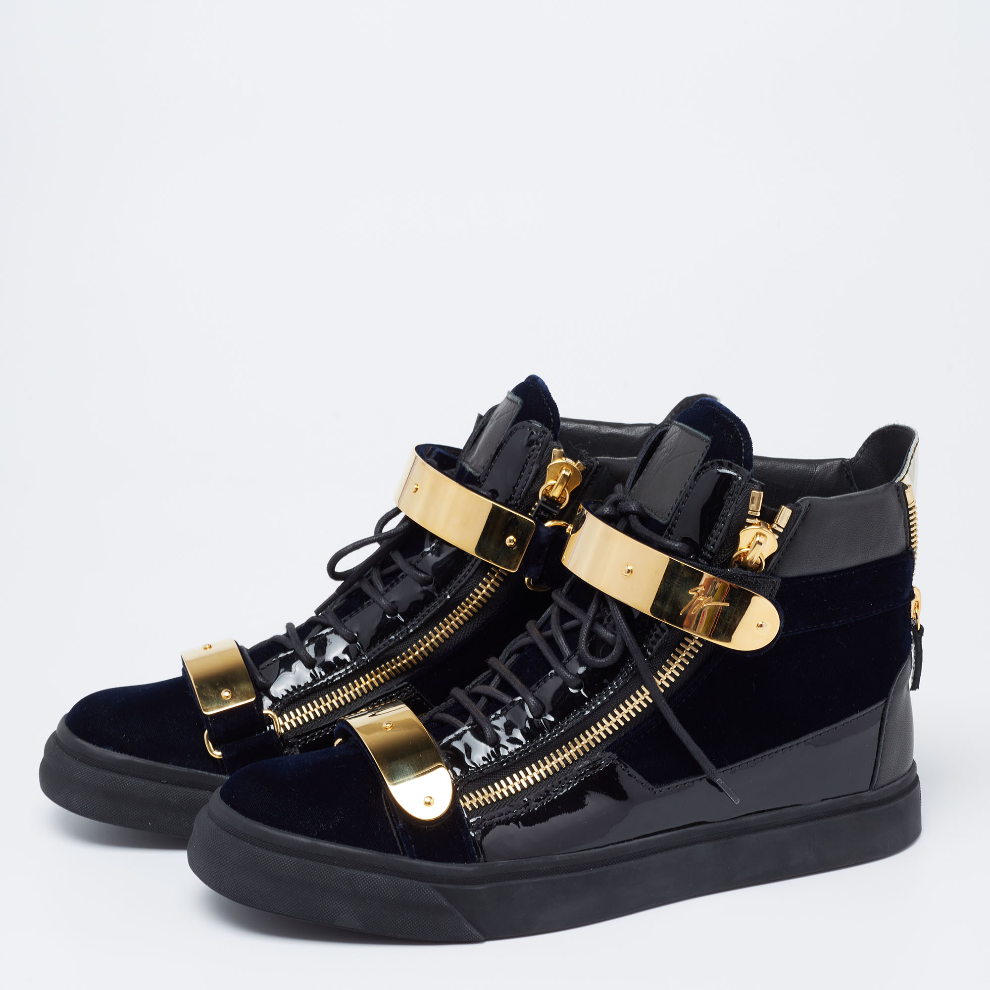 

Giuseppe Zanotti Black/Navy Blue Velvet And Patent Leather Coby High Top Sneakers Size