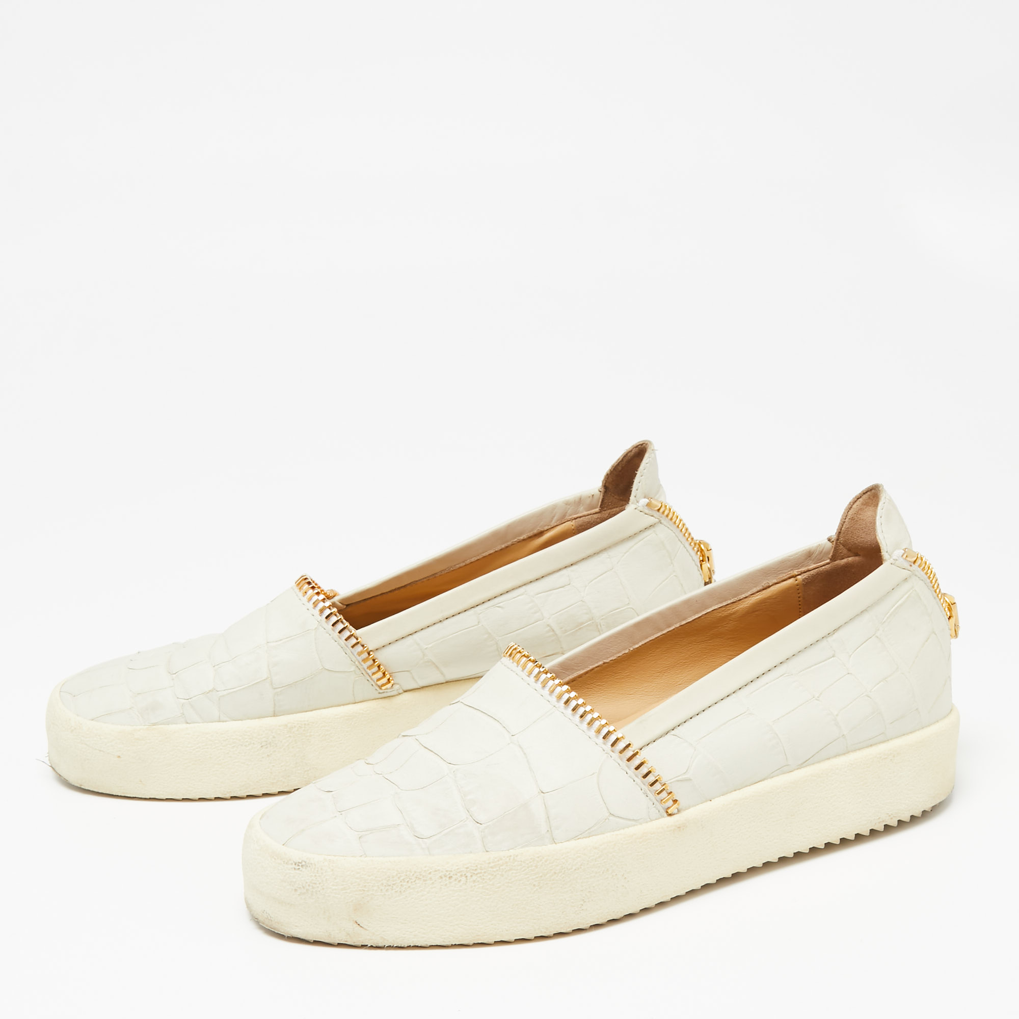 

Giuseppe Zanotti Off White Croc Embossed Leather Slip-on Sneakers Size
