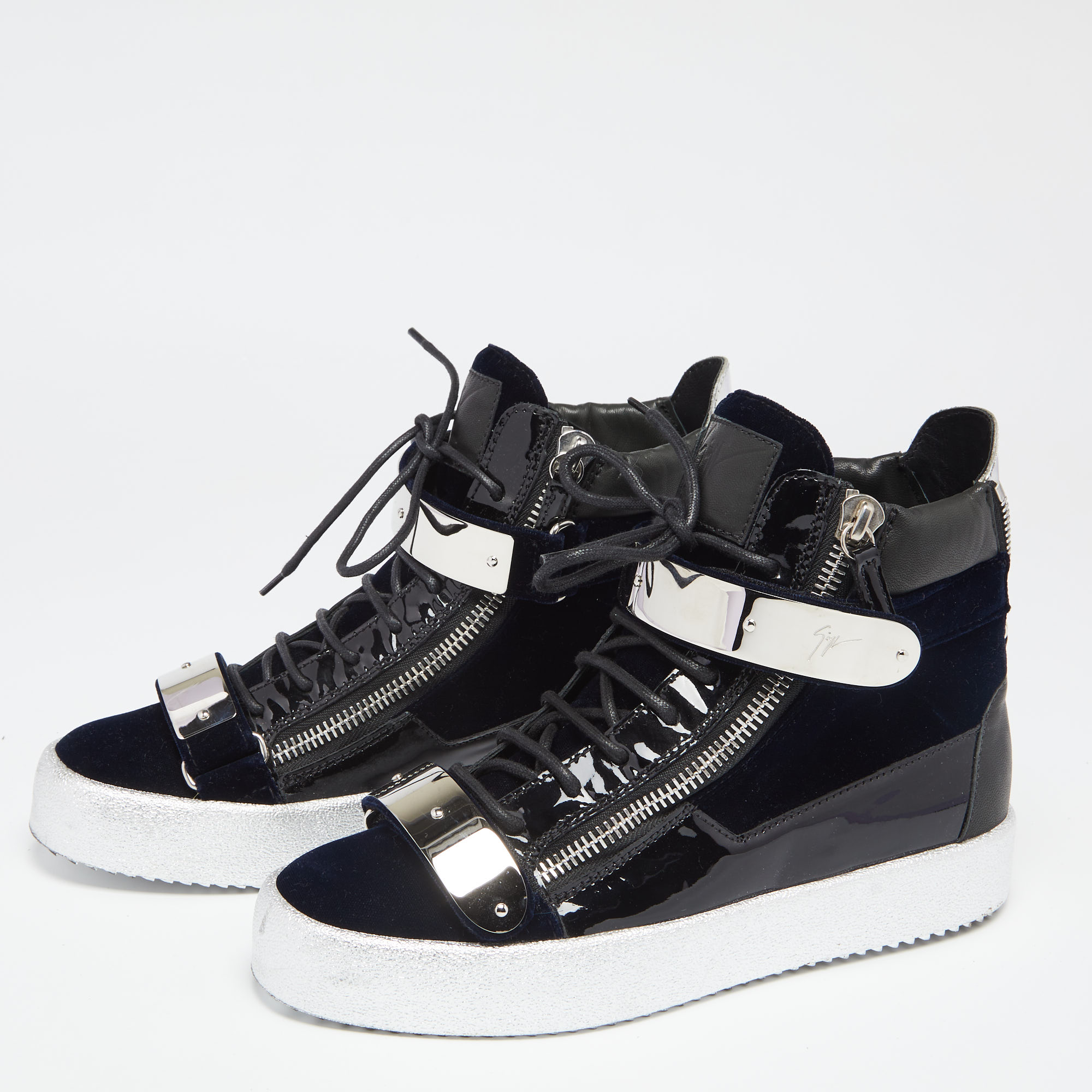 

Giuseppe Zanotti Black Velvet And Leather Coby High Top Sneakers Size