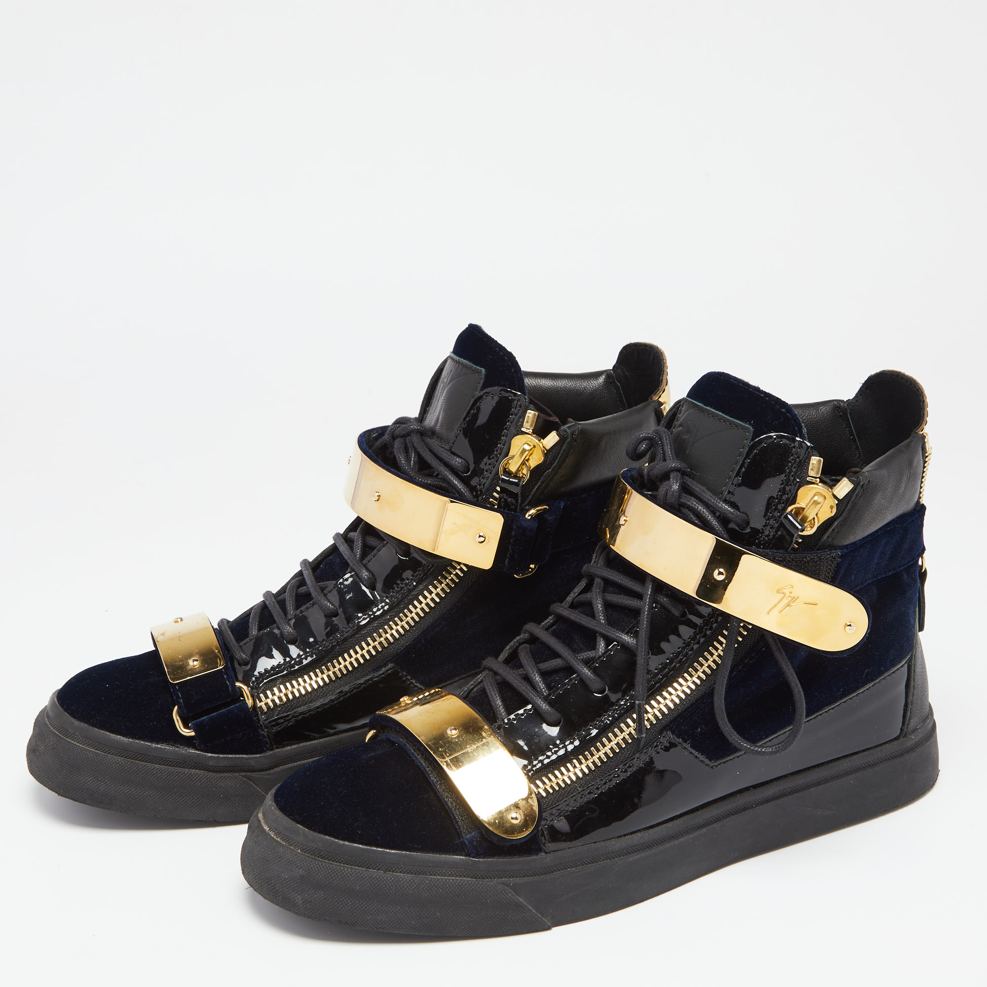 

Giuseppe Zanotti Blue/Back Velvet And Leather Coby High Top Sneakers Size