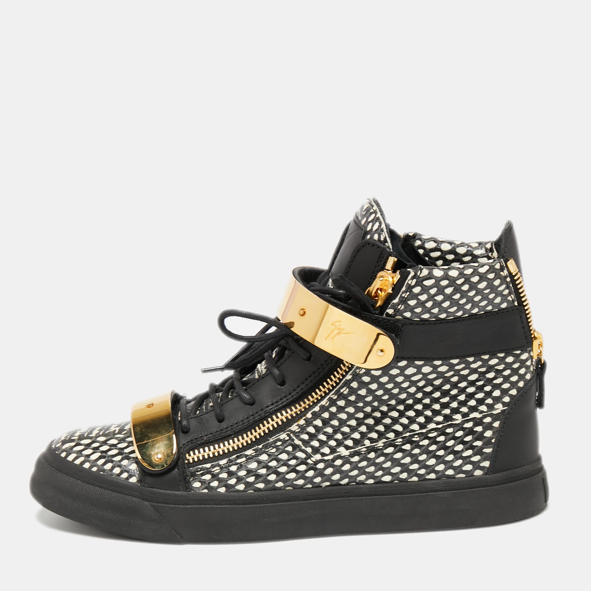 Pre-owned Giuseppe Zanotti Black/white Snakeskin Embossed And Leather High Top Double Zip Trainers Size 40