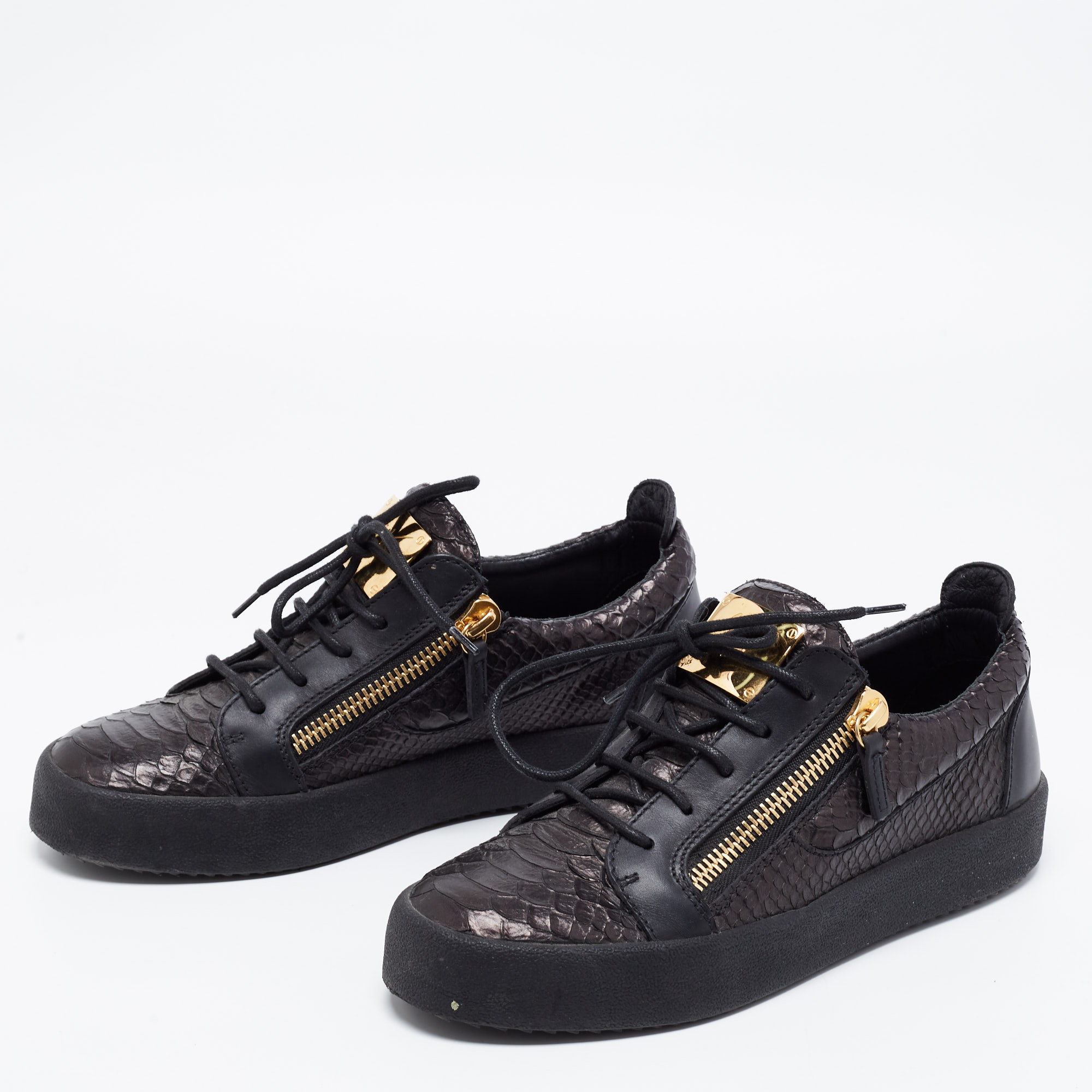 

Giuseppe Zanotti Black Python Leather Frankie Double Zipper Sneakers Size