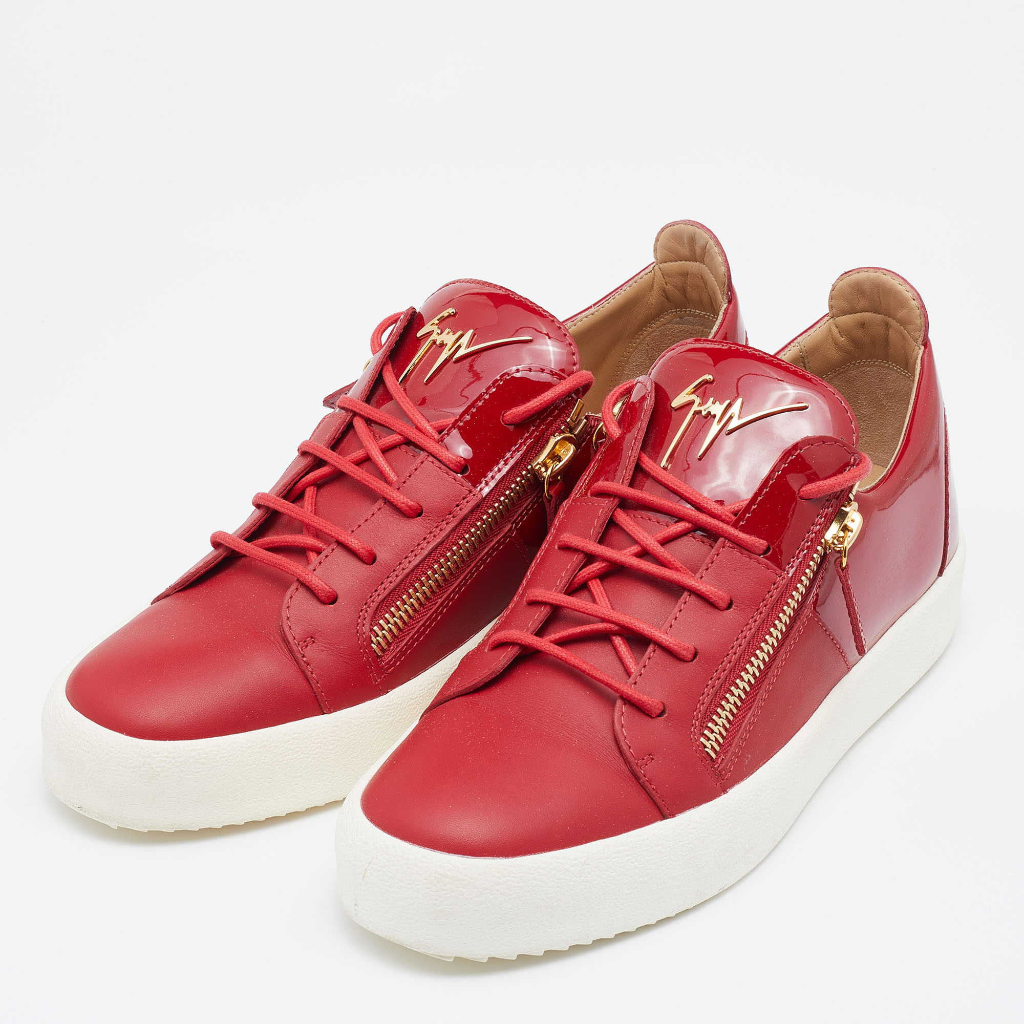 

Giuseppe Zanotti Red Patent And Leather Frankie Low Top Sneakers Size