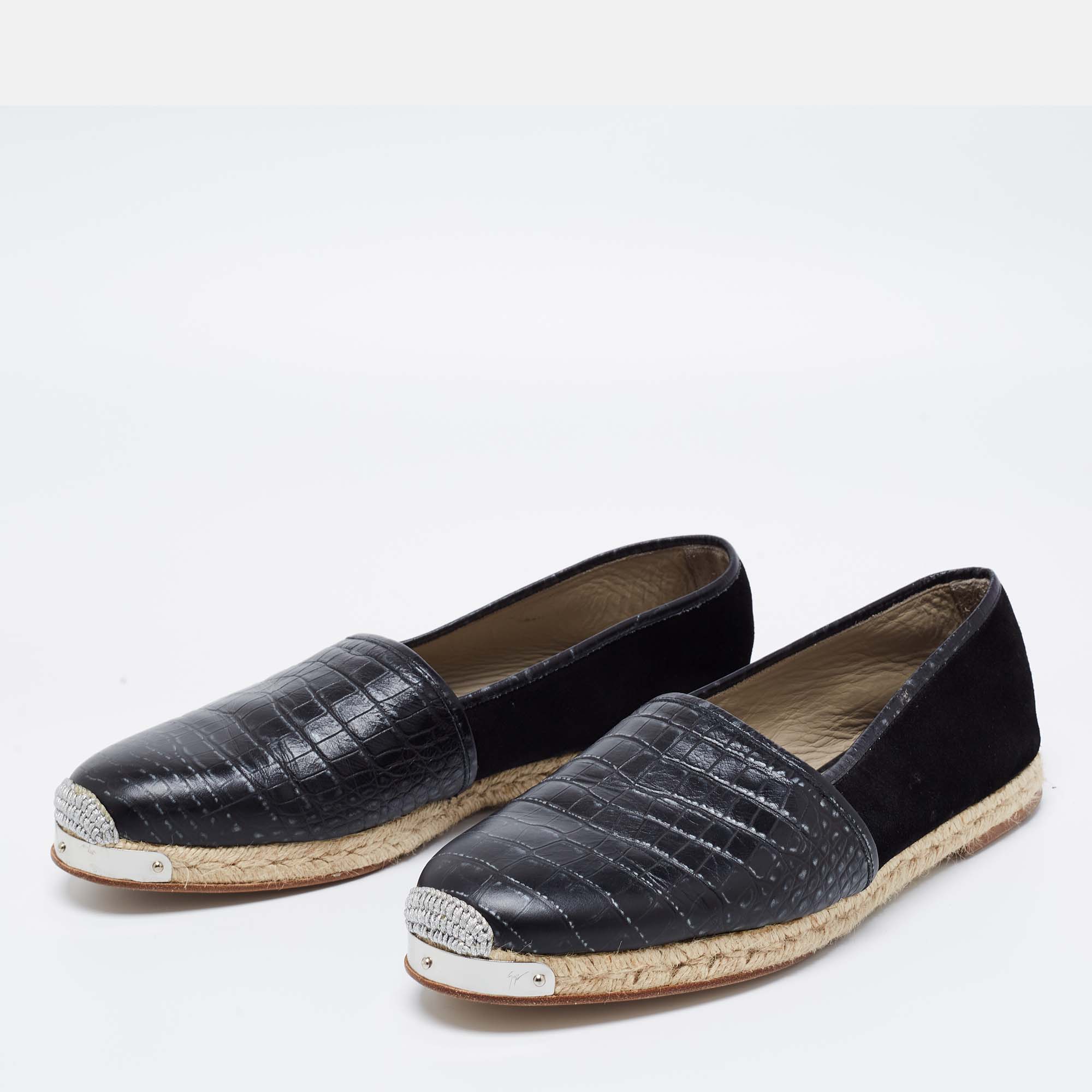 

Giuseppe Zanotti Black Croc Embossed Leather And Suede Espadrille Slip On Loafers Size