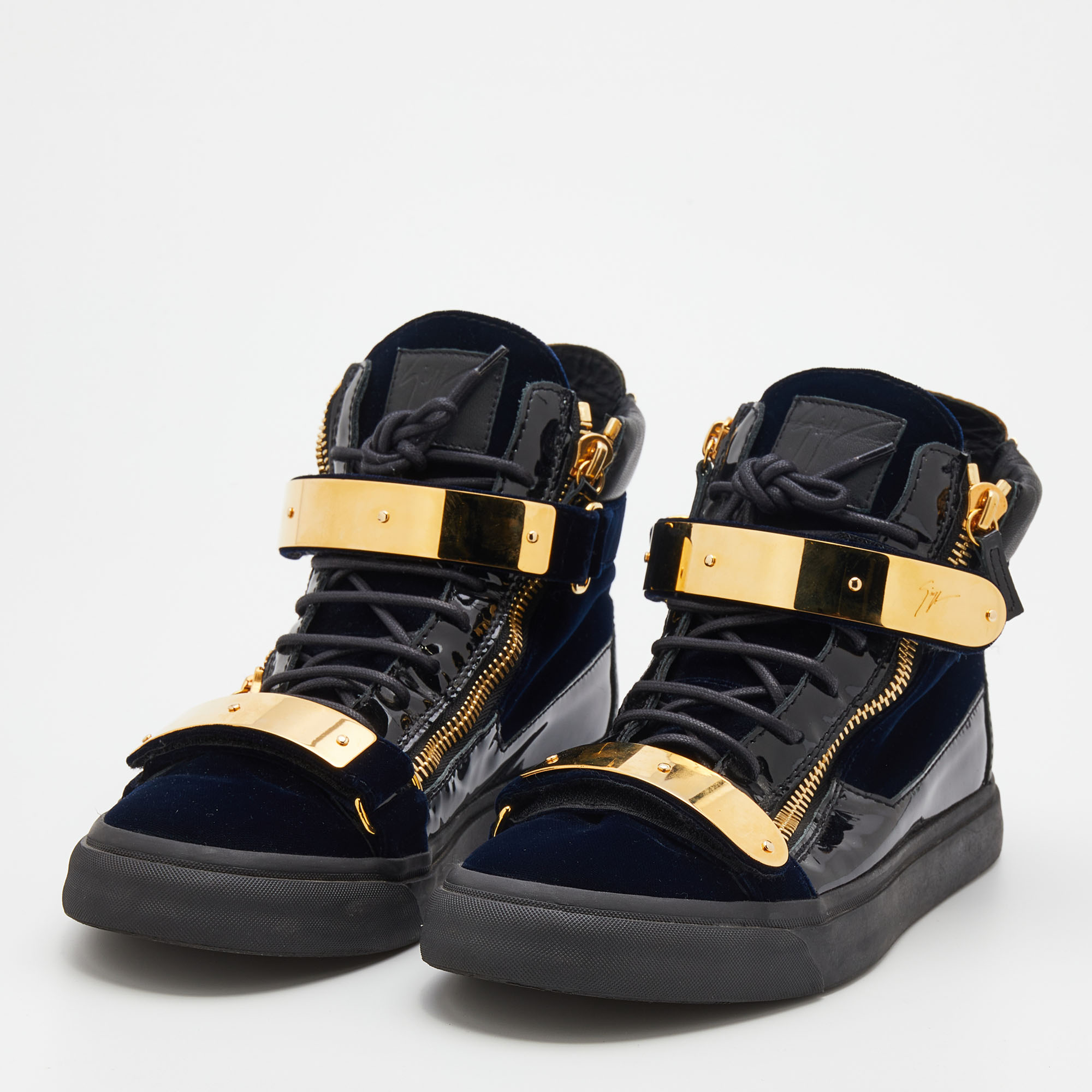 

Giuseppe Zanotti Navy Blue/Black Velvet And Patent Leather Coby High Top Sneakers Size