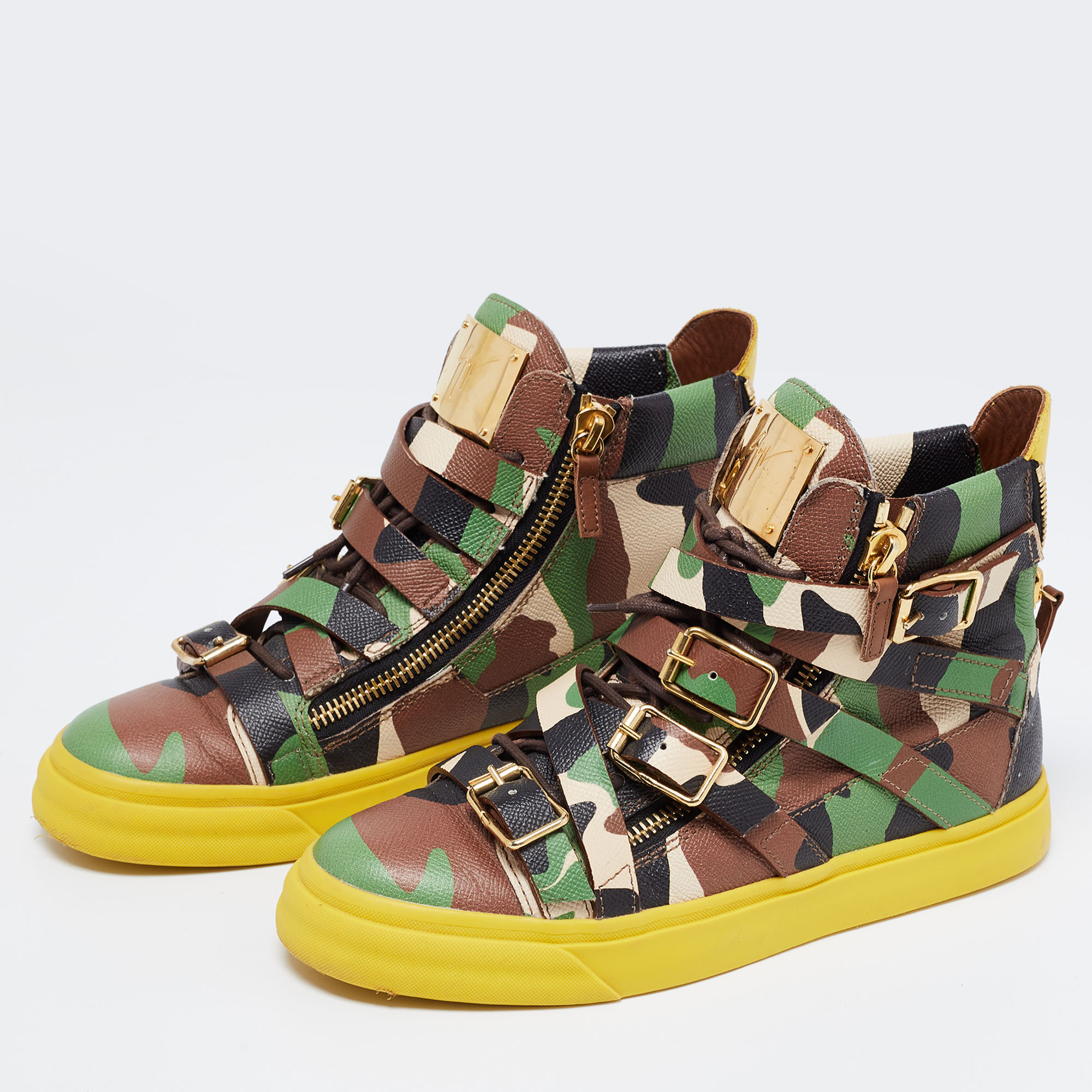 

Giuseppe Zanotti Multicolor Camo Print Leather London Multi Strap High Top Sneakers Size