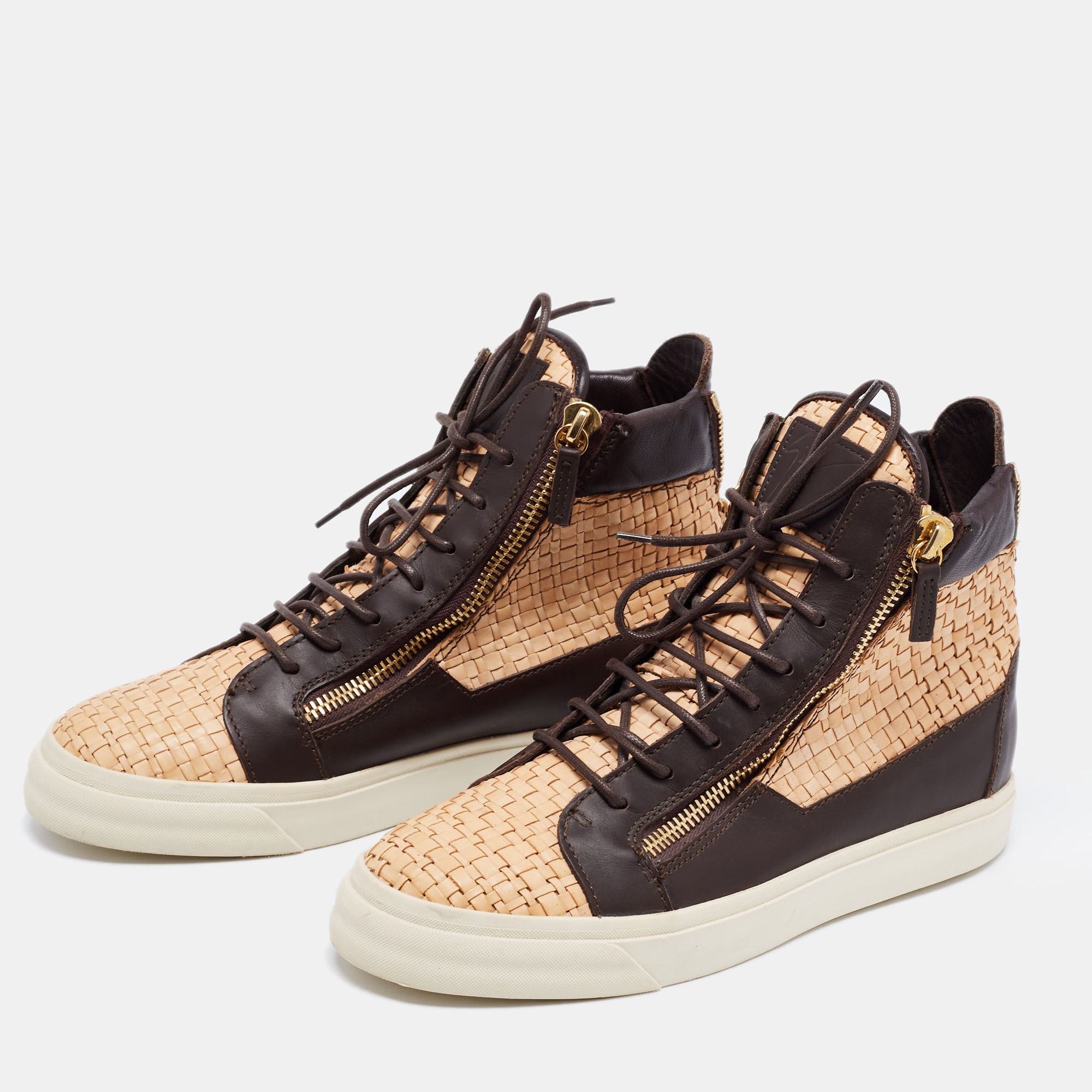 

Giuseppe Zanotti Beige/Brown Woven and Leather High Top Sneakers Size