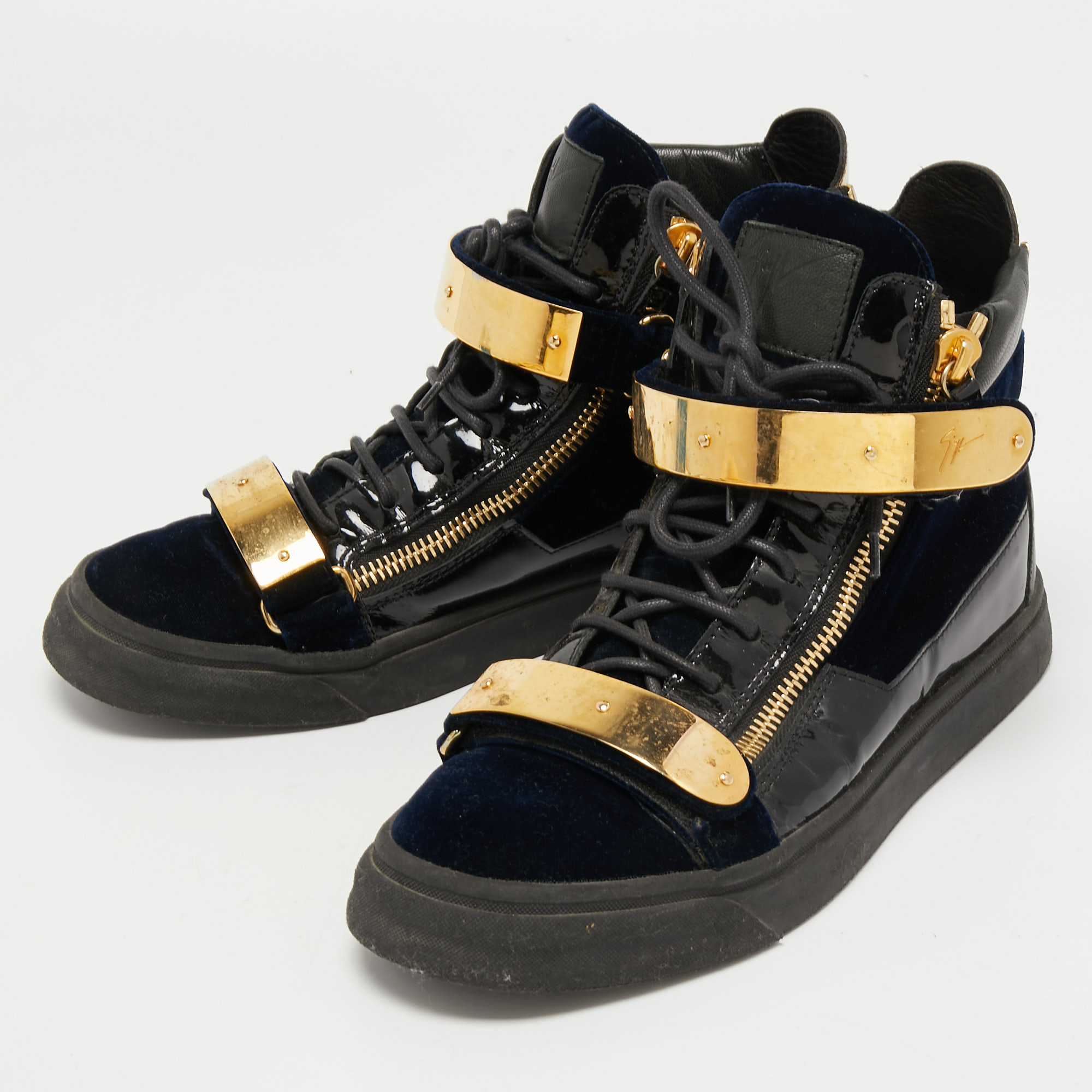 

Giuseppe Zanotti Black/Navy Blue Leather and Velvet Coby High Top Sneakers Size