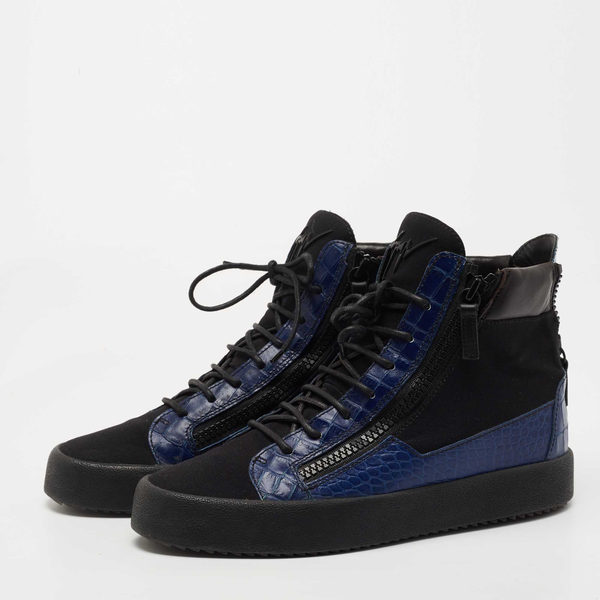 

Giuseppe Zanotti Blue/Black Croc Embossed Leather and Fabric High Top Sneakers Size