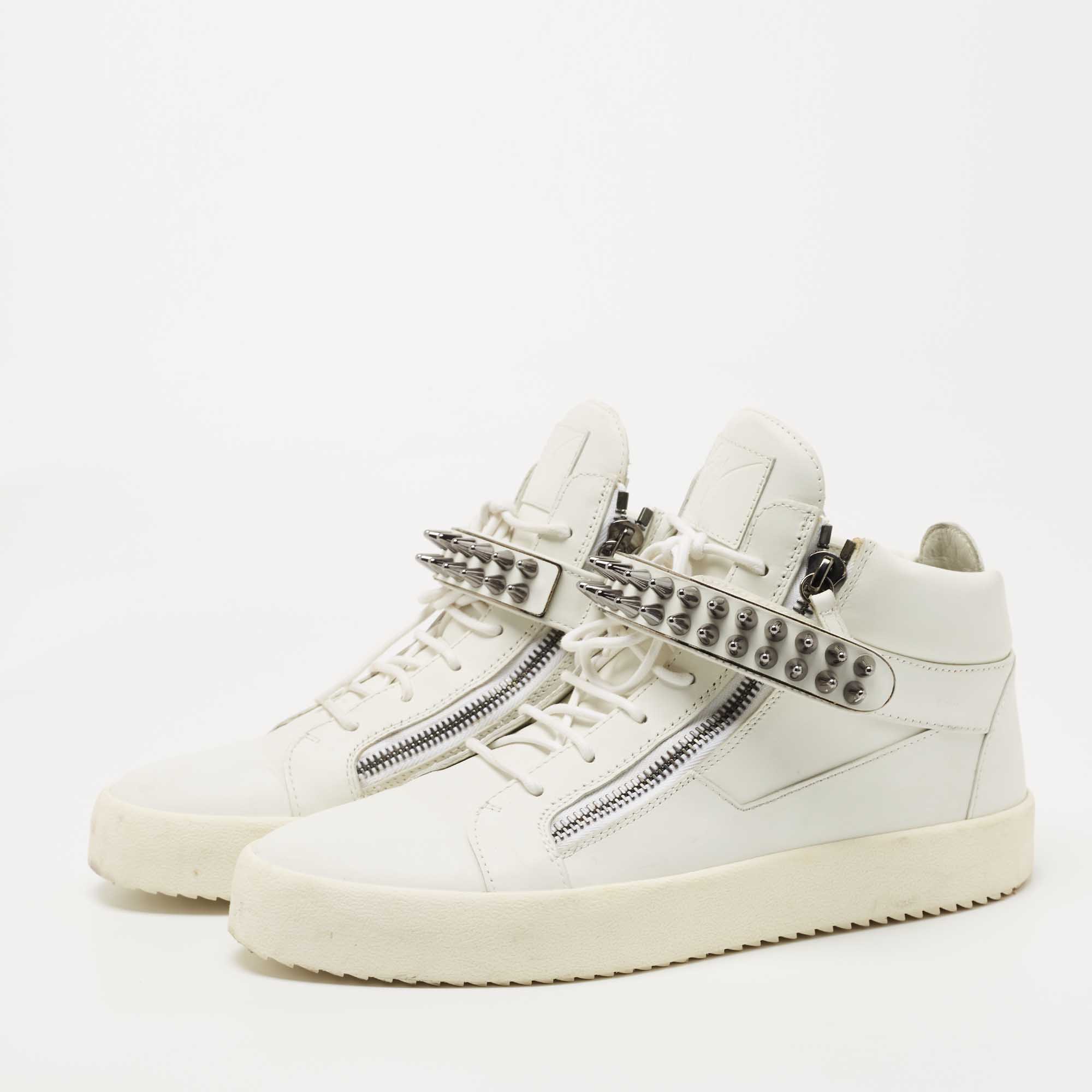 

Giuseppe Zanotti White Leather Spikes High Top Sneakers Size