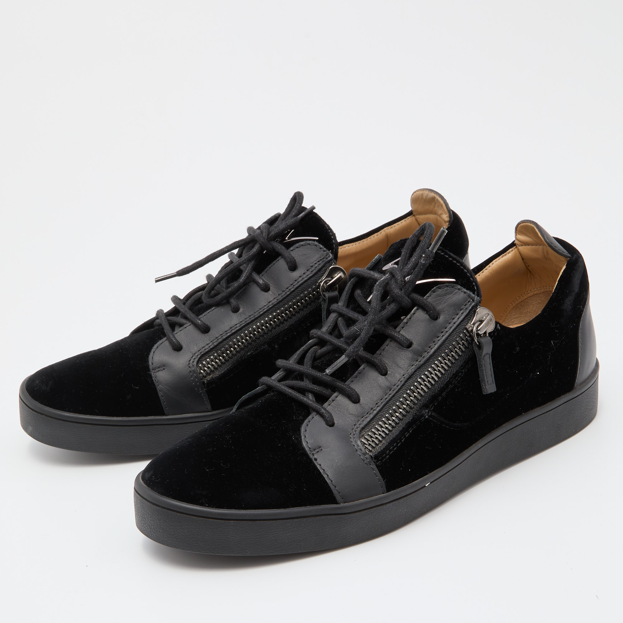 

Giuseppe Zanotti Black Leather and Velvet Frankie Low Top Sneakers Size
