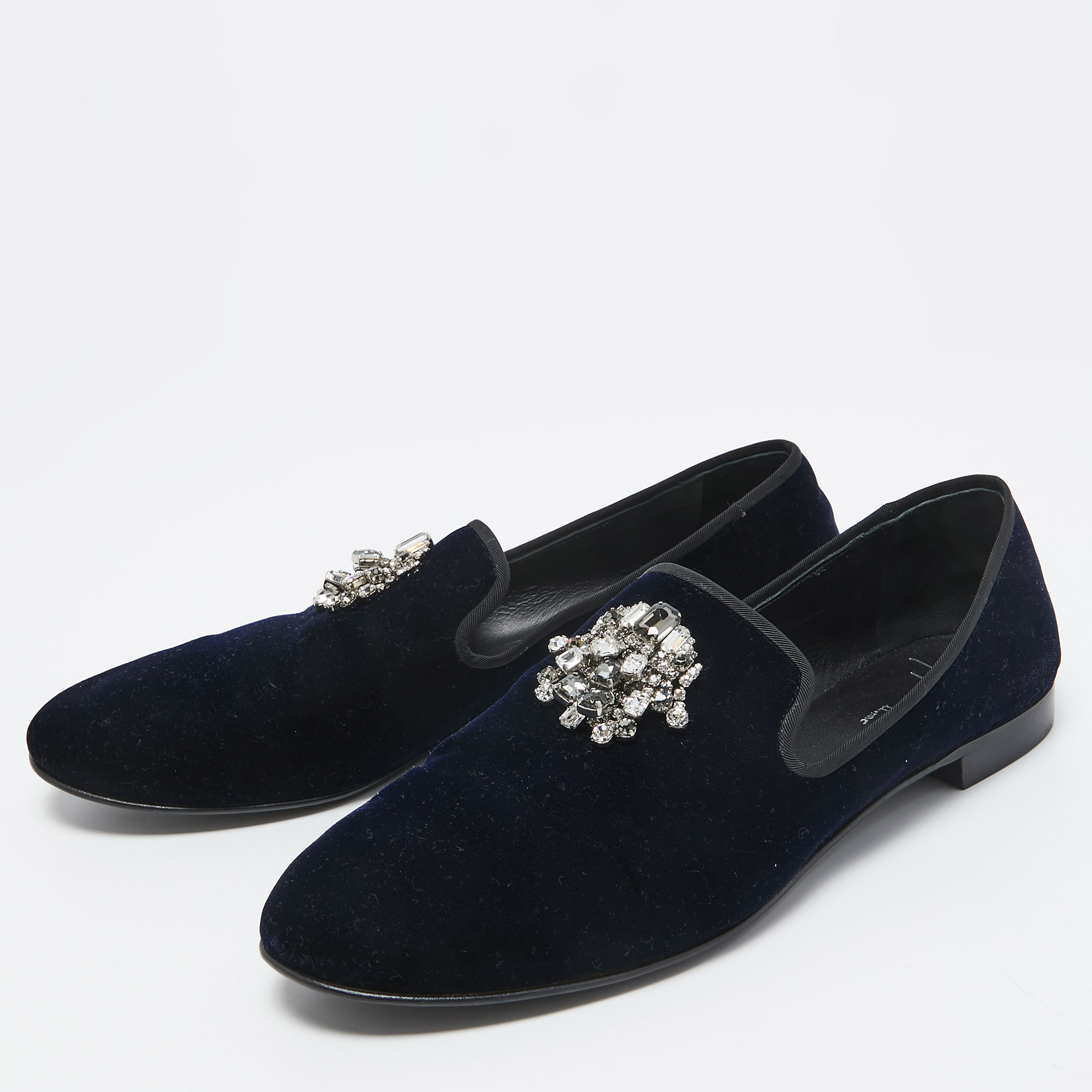 

Giuseppe Zanotti Navy Blue Velvet Crystal Embellished Smoking Slippers Size