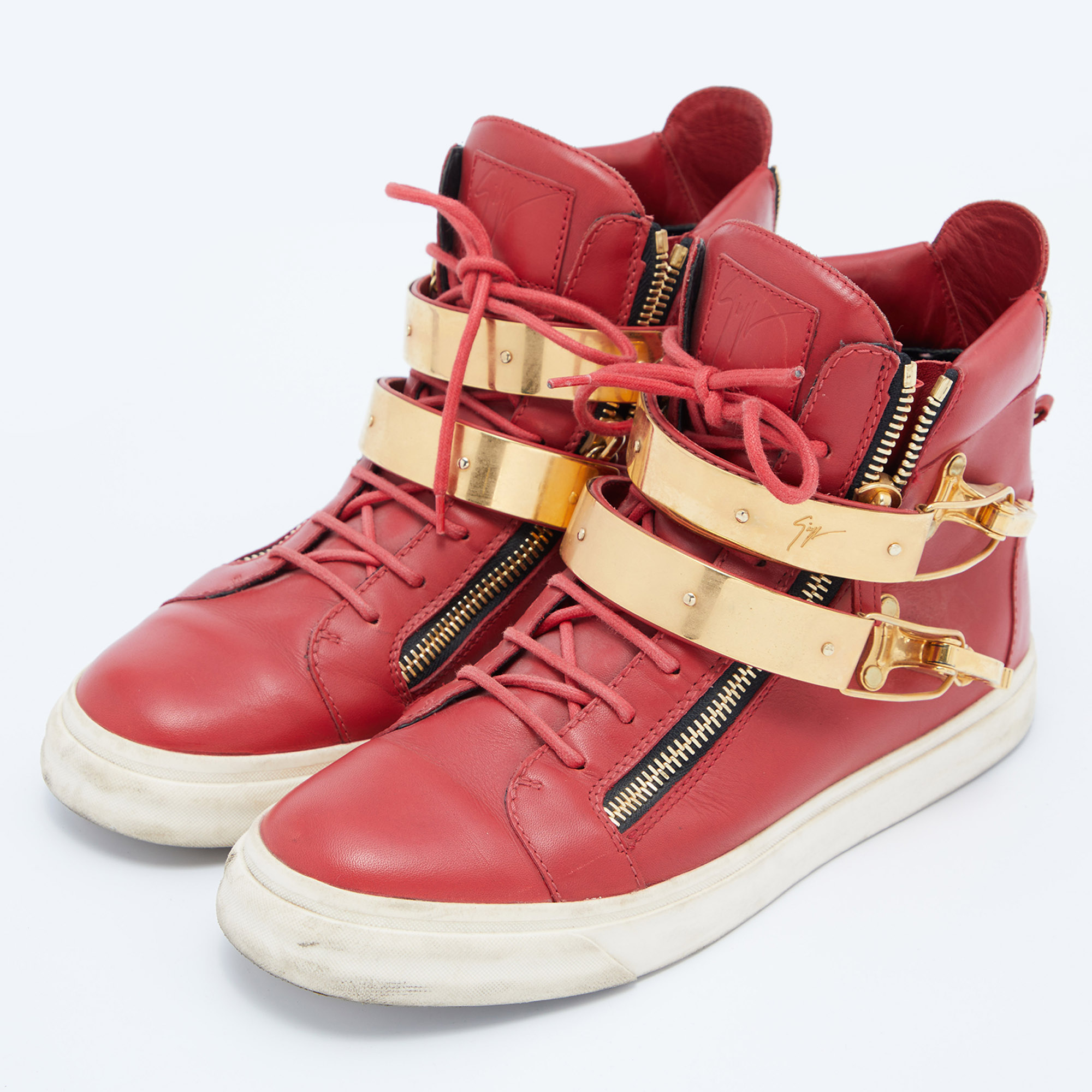 

Giuseppe Zanotti Red Leather Double Zipper High Top Sneakers Size