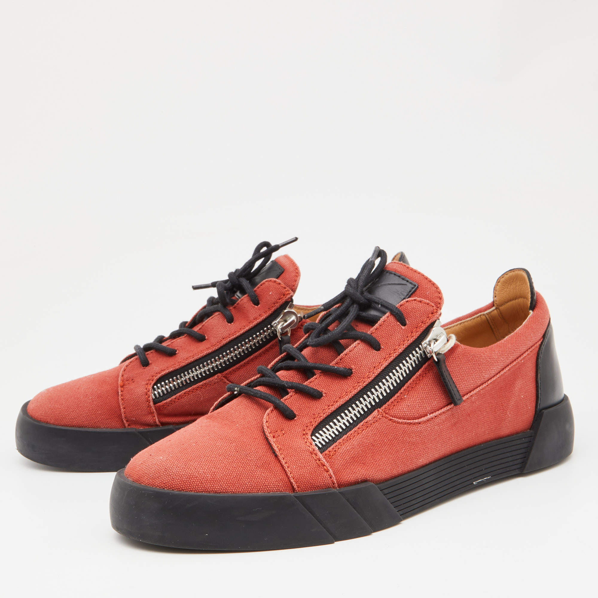 

Gisueppe Zanotti Orange Canvas and Leather Double Zip Low Top Sneakers Size