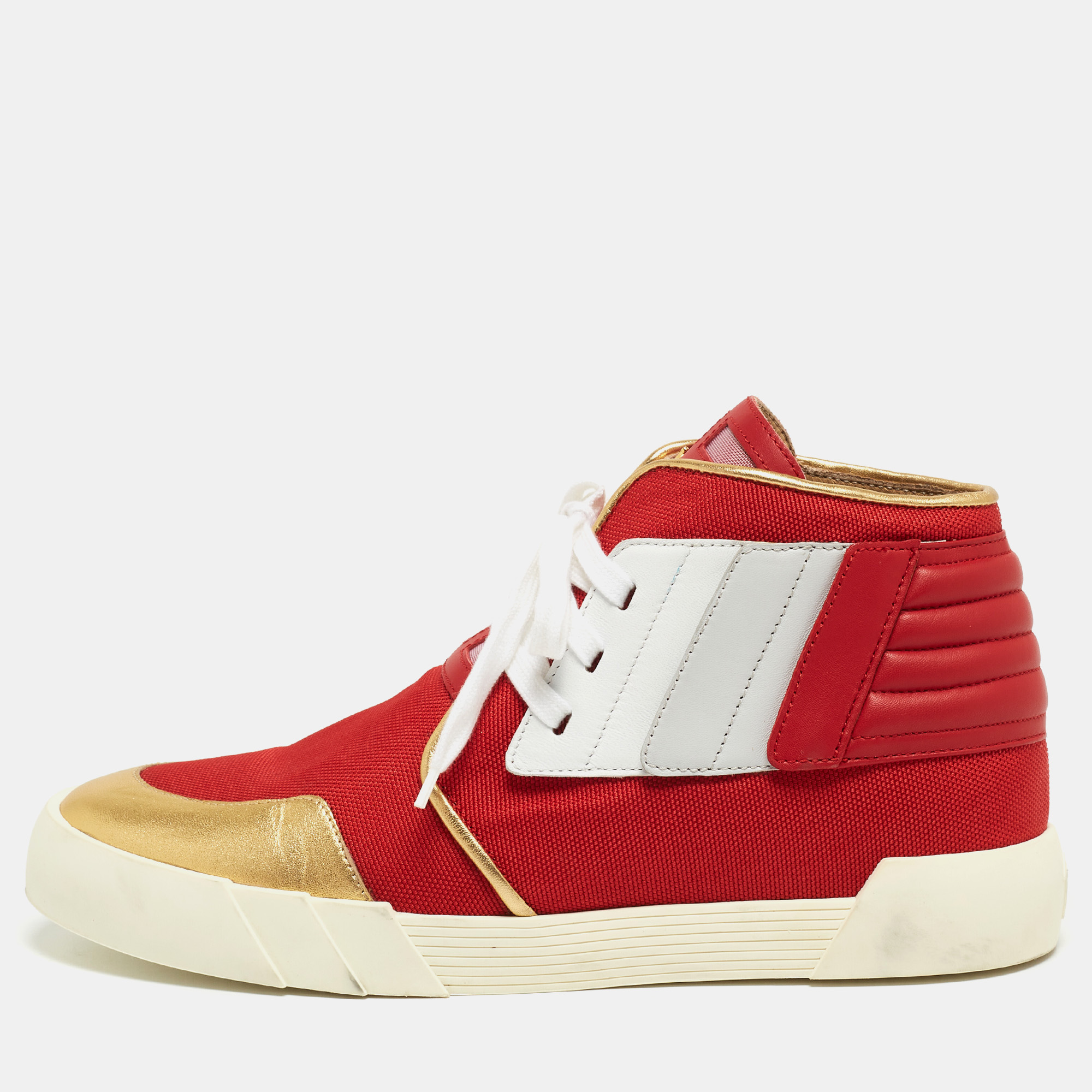 Pre-owned Giuseppe Zanotti Red/gold Canvas And Leather Foxy London High Top Trainers Size 45