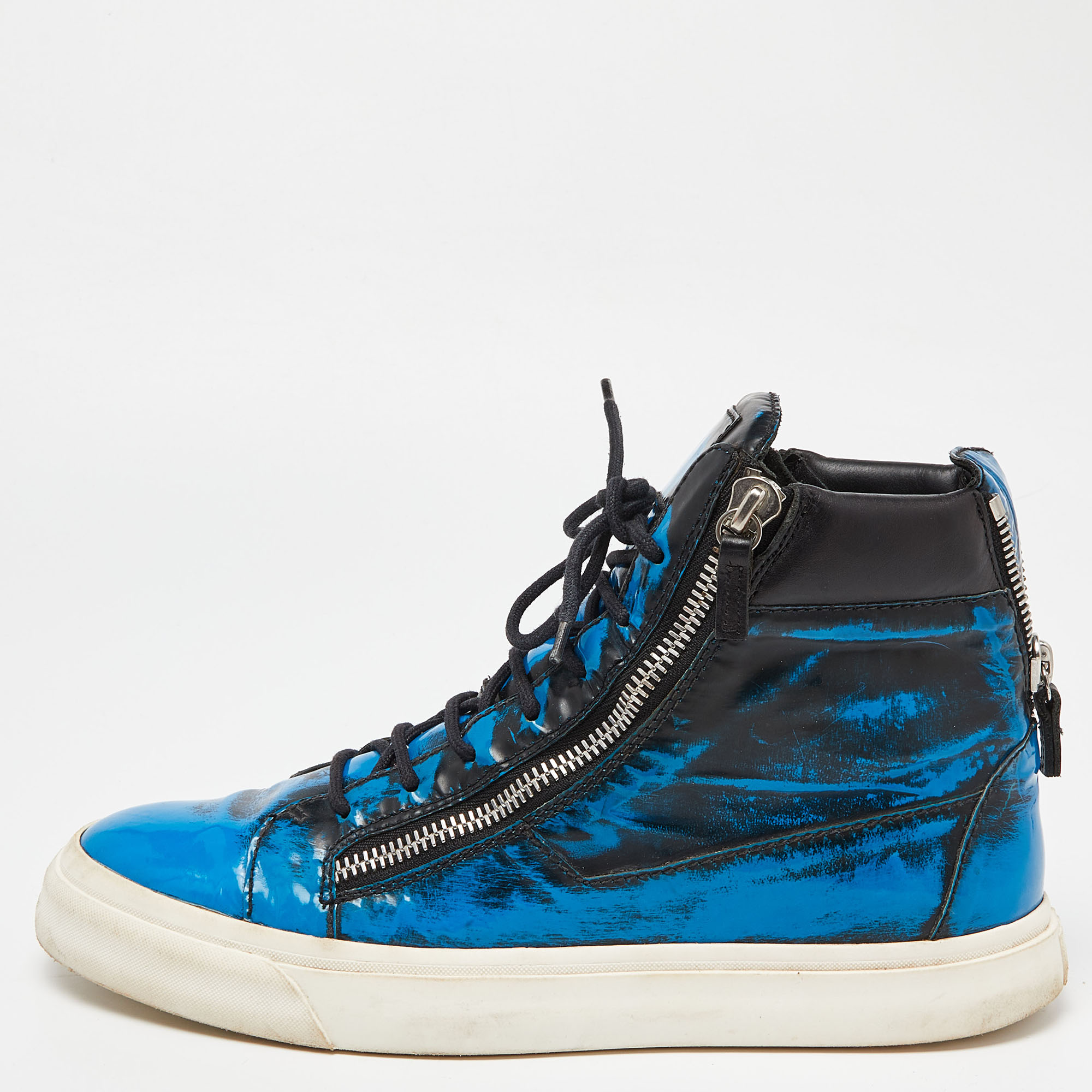 Pre-owned Giuseppe Zanotti Blue/black Patent Leather Coby High Top Trainers Size 44