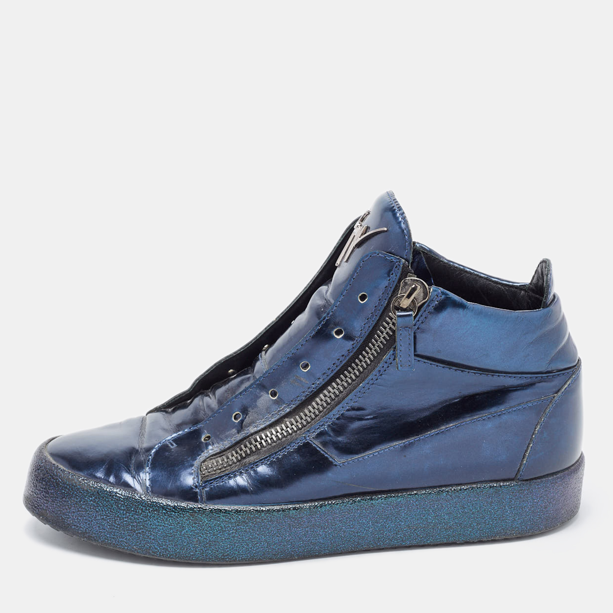 Pre-owned Giuseppe Zanotti Metallic Blue Leather High Top Sneakers Size 42