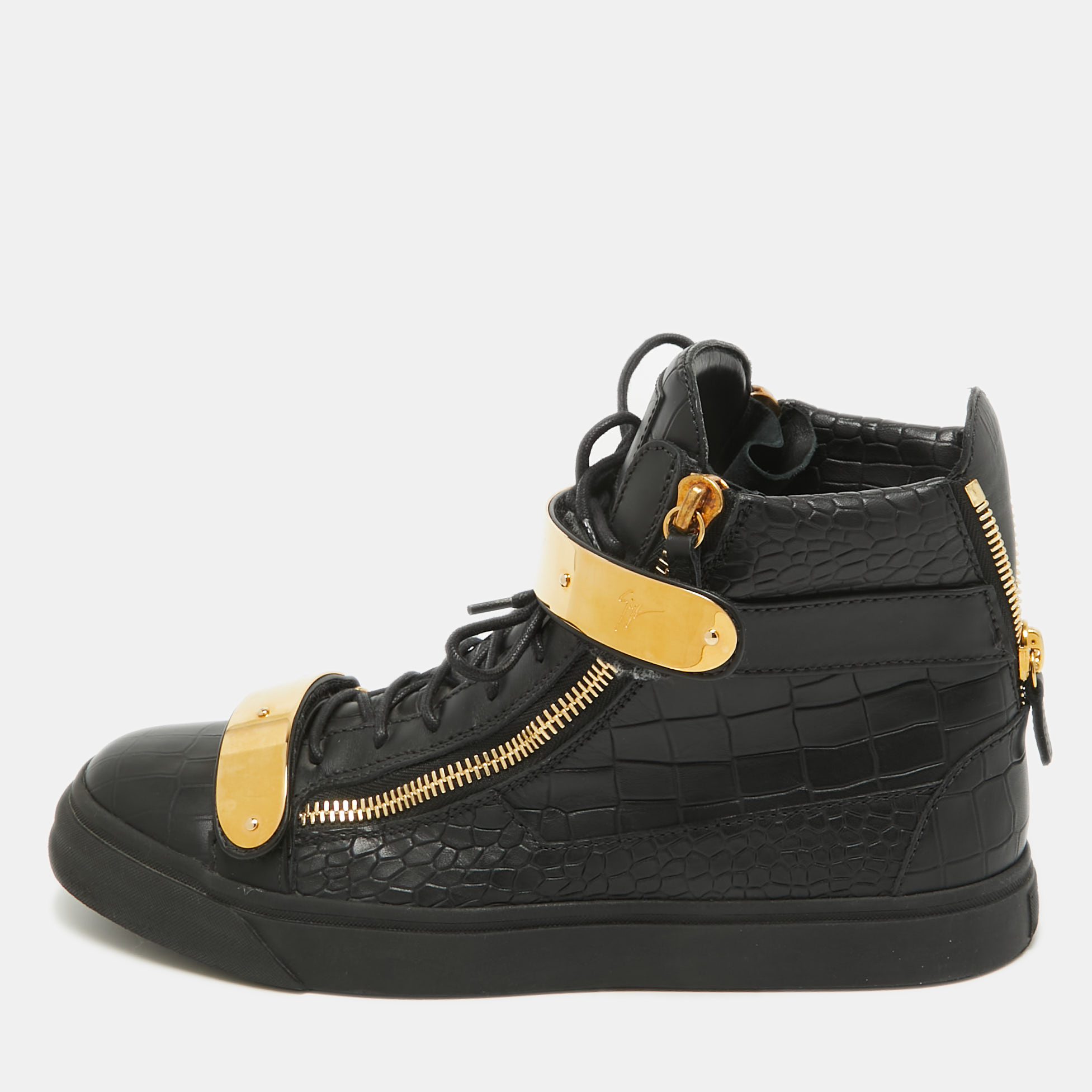 

Giuseppe Zanotti Black Croc Embossed Leather High Top Sneakers Size