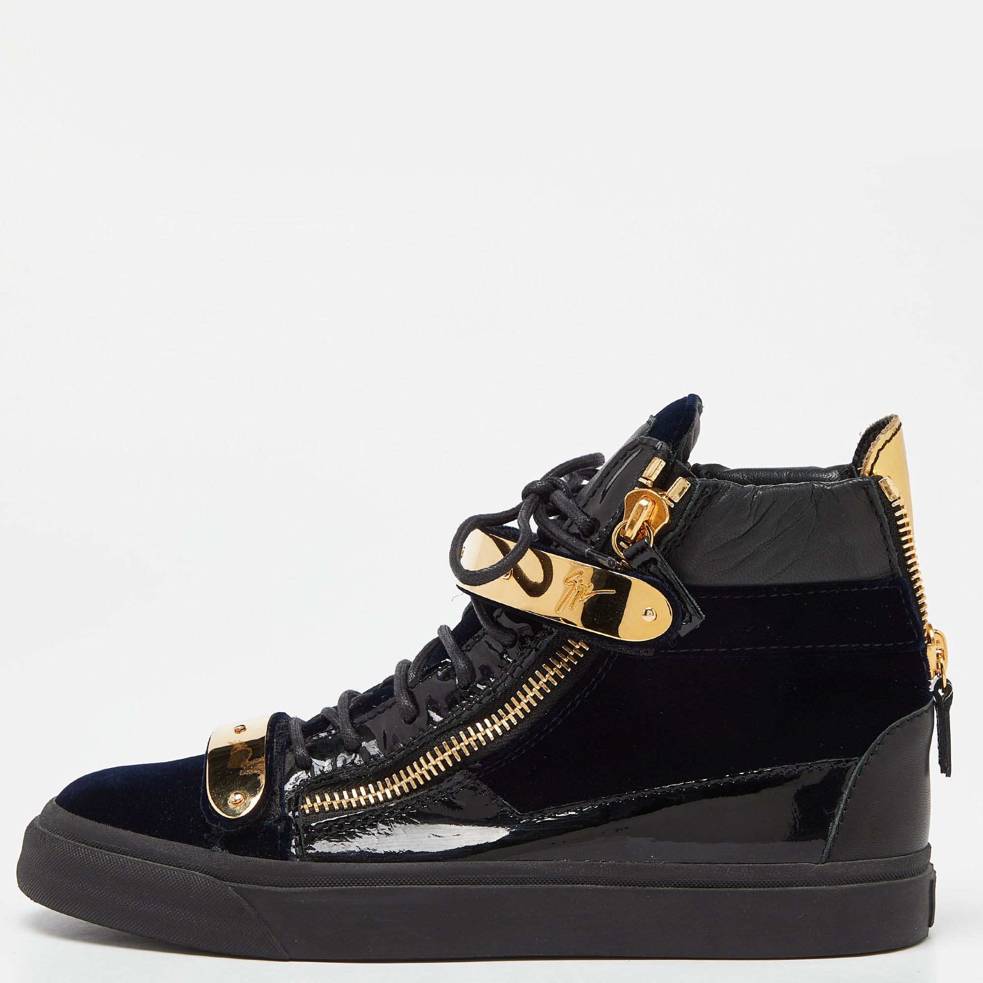 Pre-owned Giuseppe Zanotti Navy Blue/black Velvet And Leather Coby High Top Trainers Size 39.5
