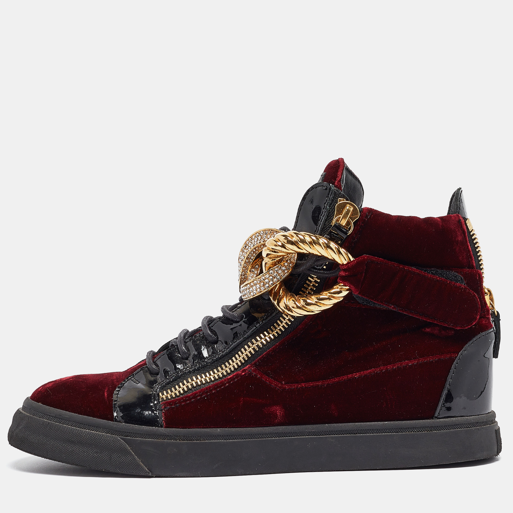 Pre-owned Giuseppe Zanotti Burgundy/black Patent And Velvet Coby High Top Sneakers Size 42.5