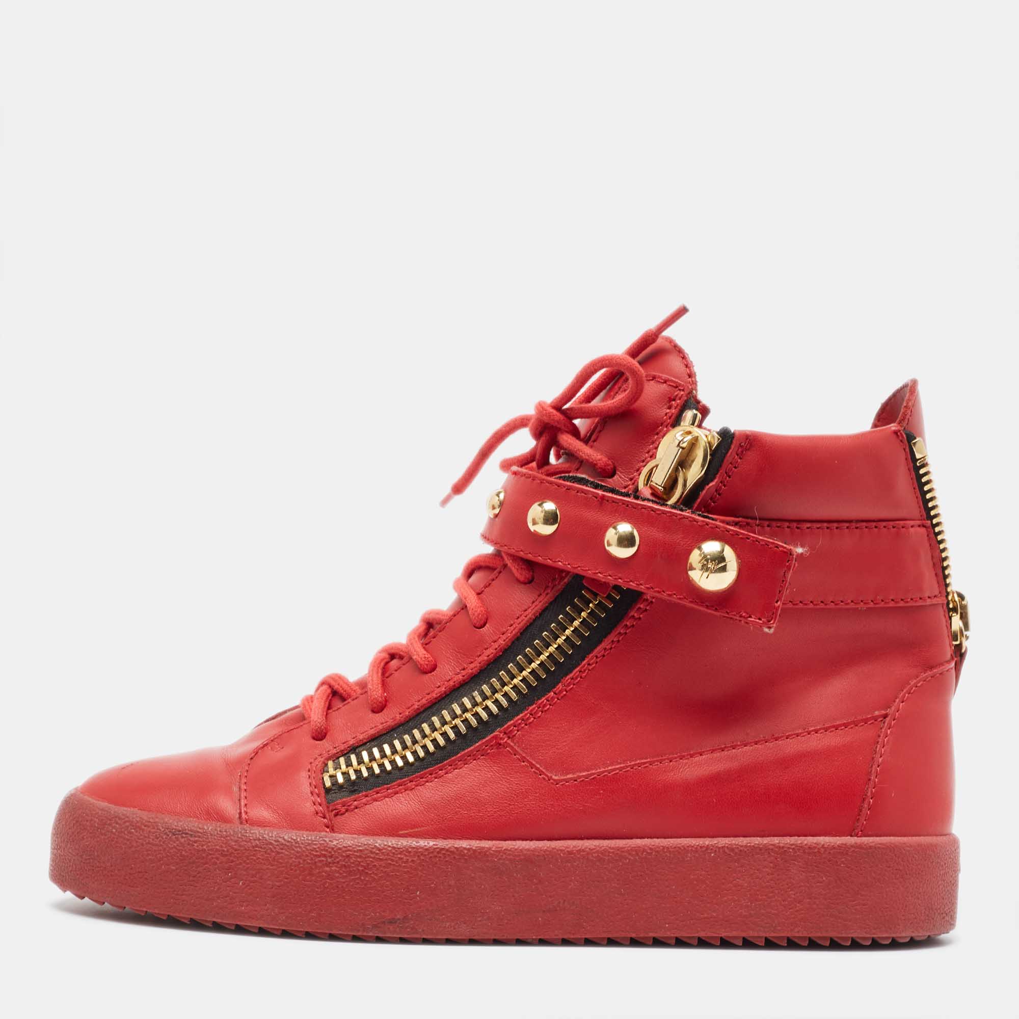 Pre-owned Giuseppe Zanotti Red Leather Studded Double Zip High Top Sneakers Size 42