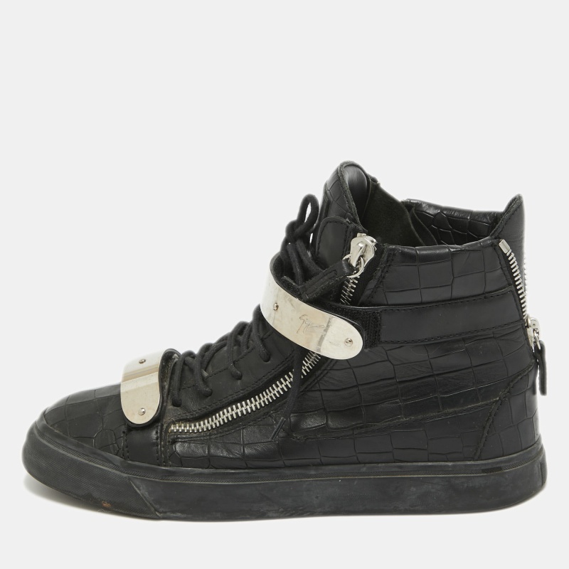 Black Croc Embossed Leather Double Zip Sneakers