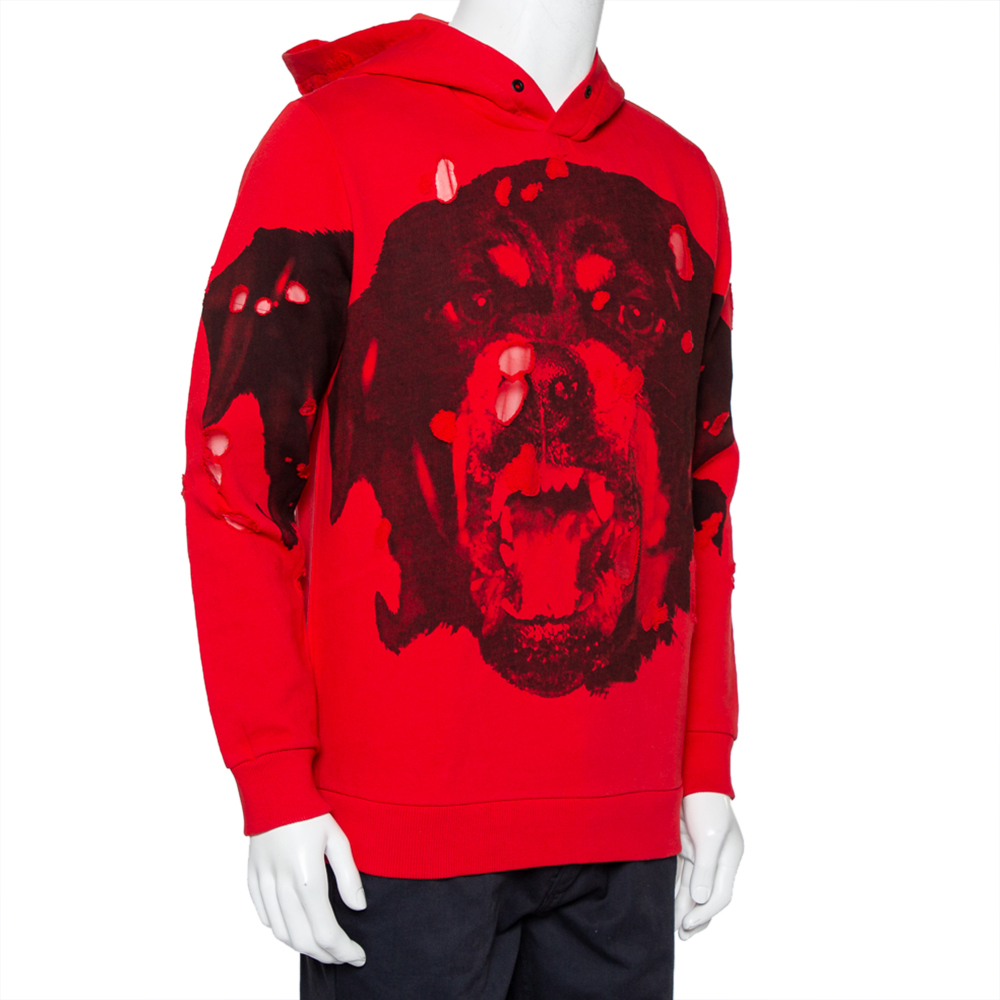 

Givenchy Red Cotton Rottweiler Printed Distressed Hoodie