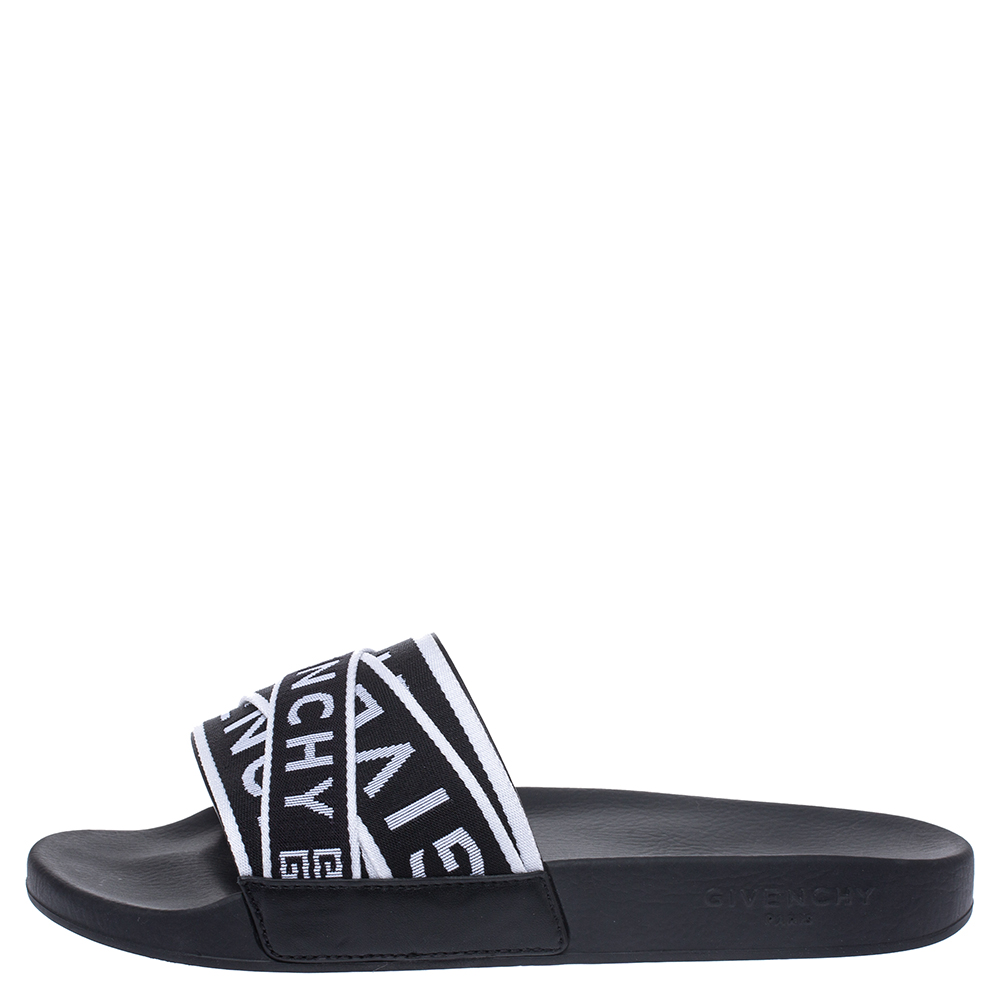 

Givenchy Black Leather Webbing Logo Flat Slide Sandals Size