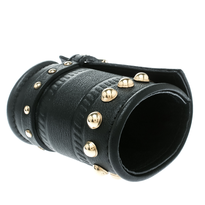 

Givenchy Gold Tone Studs Embossed Black Leather Extra Wide Buckle Cuff Bracelet
