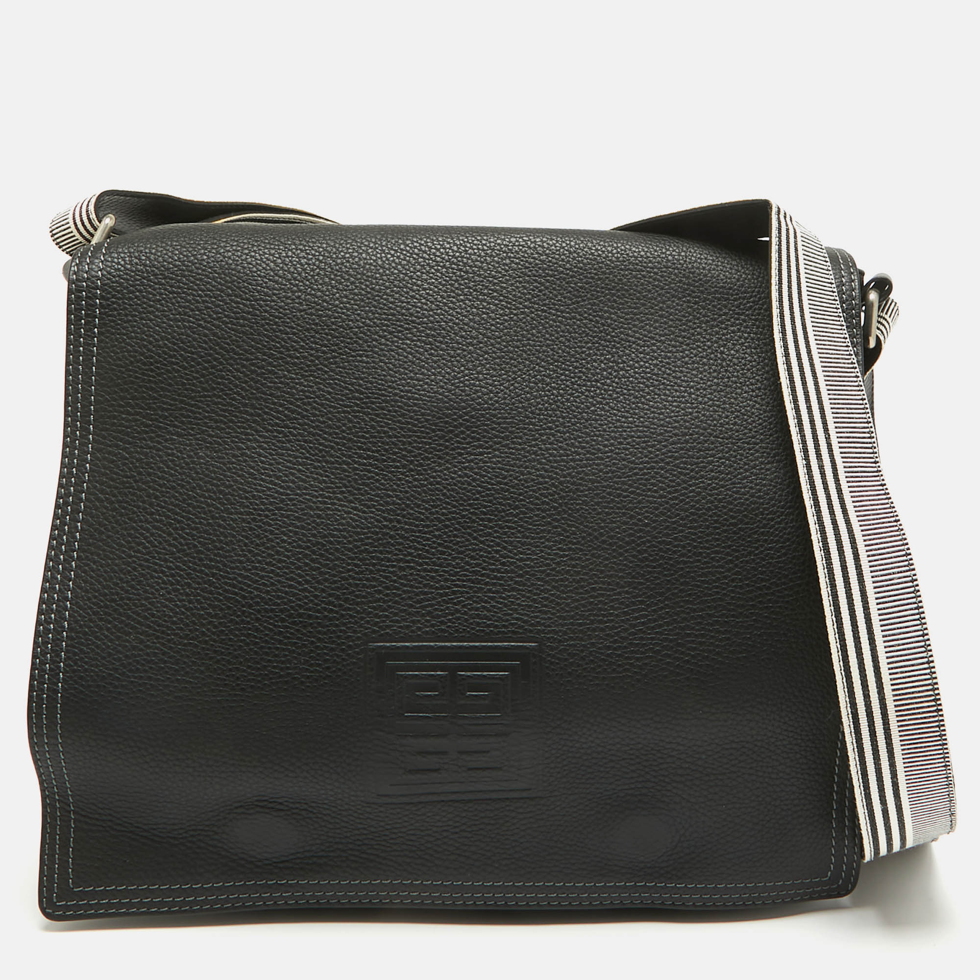 

Givenchy Black Leather Logo Embossed Flap Messenger Bag