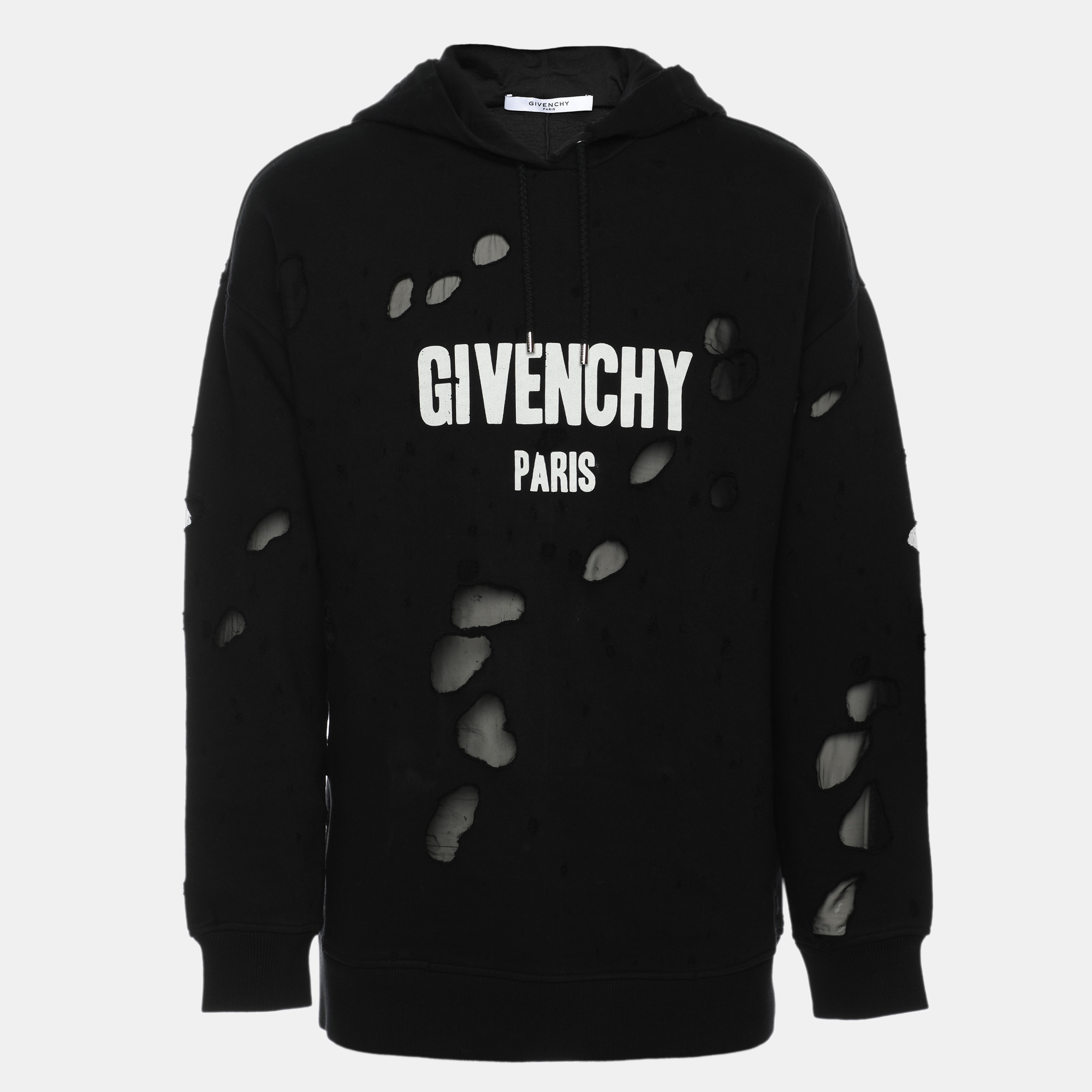 

Givenchy Black Distressed Cotton & Mesh Inset Logo Printed Hooded Sweatshirt S